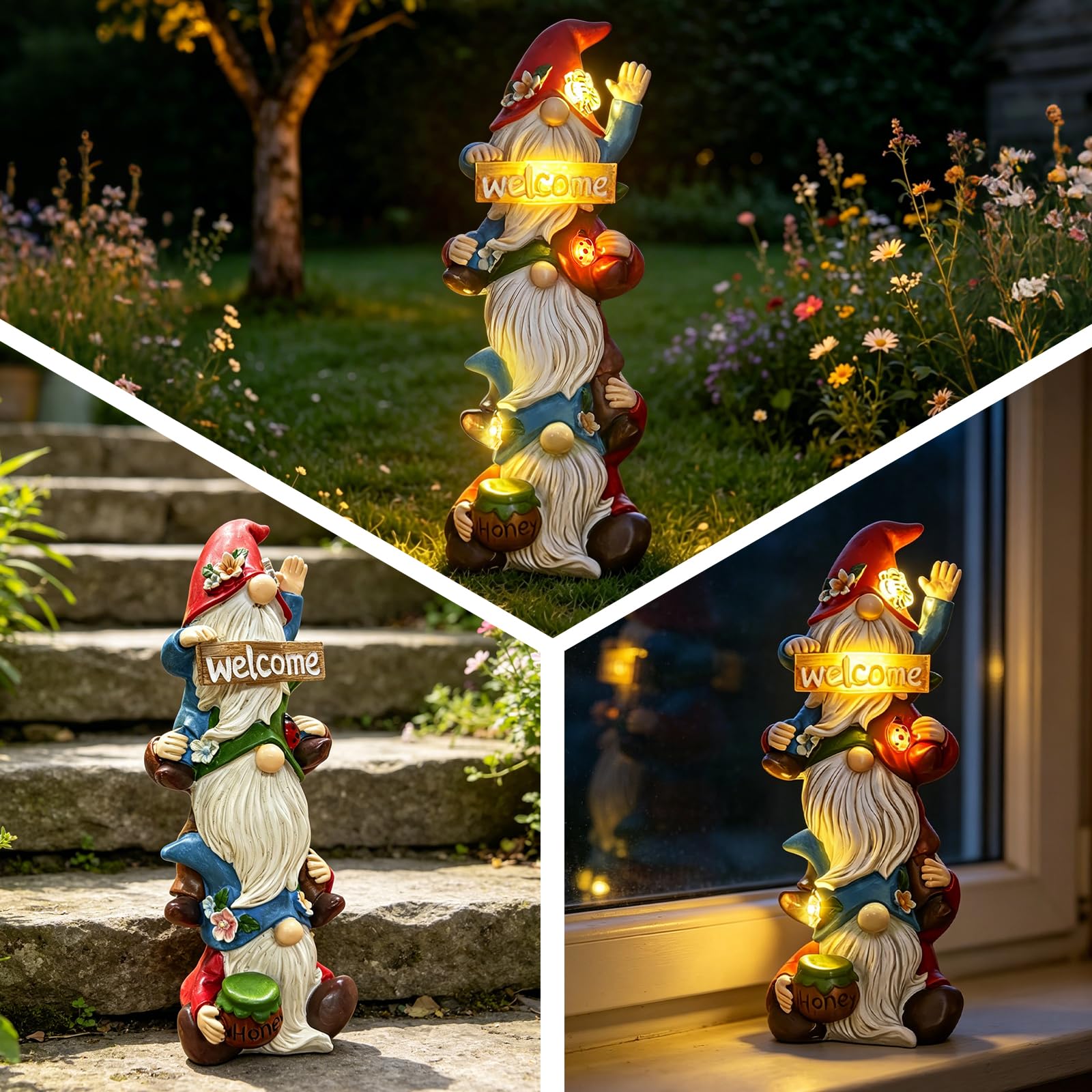 Estatua de gnomo de jardín, luces solares, divertidas esculturas de gnomos triples sin rostro, decoraciones de primavera, porche al aire libre, patio, césped, patio, balcón, decoración del hogar