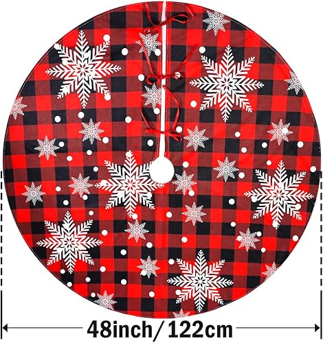 Miniatura 7 de Falda de árbol de Navidad, 48 pulgadas, falda de árbol a cuadros rojos y verdes con diseño de copo de nieve y reno, falda grande de árbol de Navidad