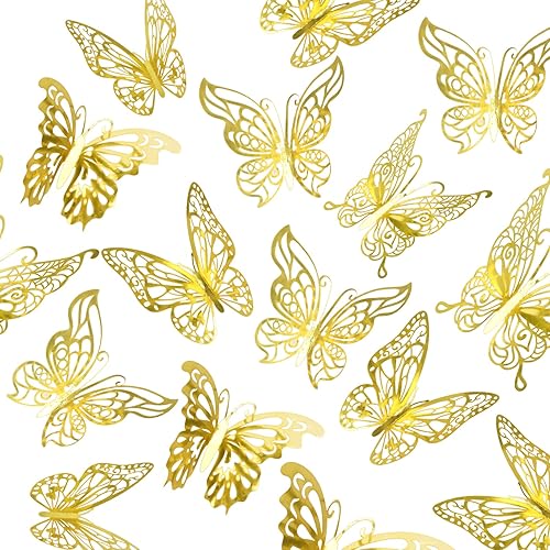 CiCiKiea Decoración de pared de mariposa 3D, 96 unidades, 4 estilos, 3 tamaños, calcomanías de pared de mariposa doradas, calcomanías de pared