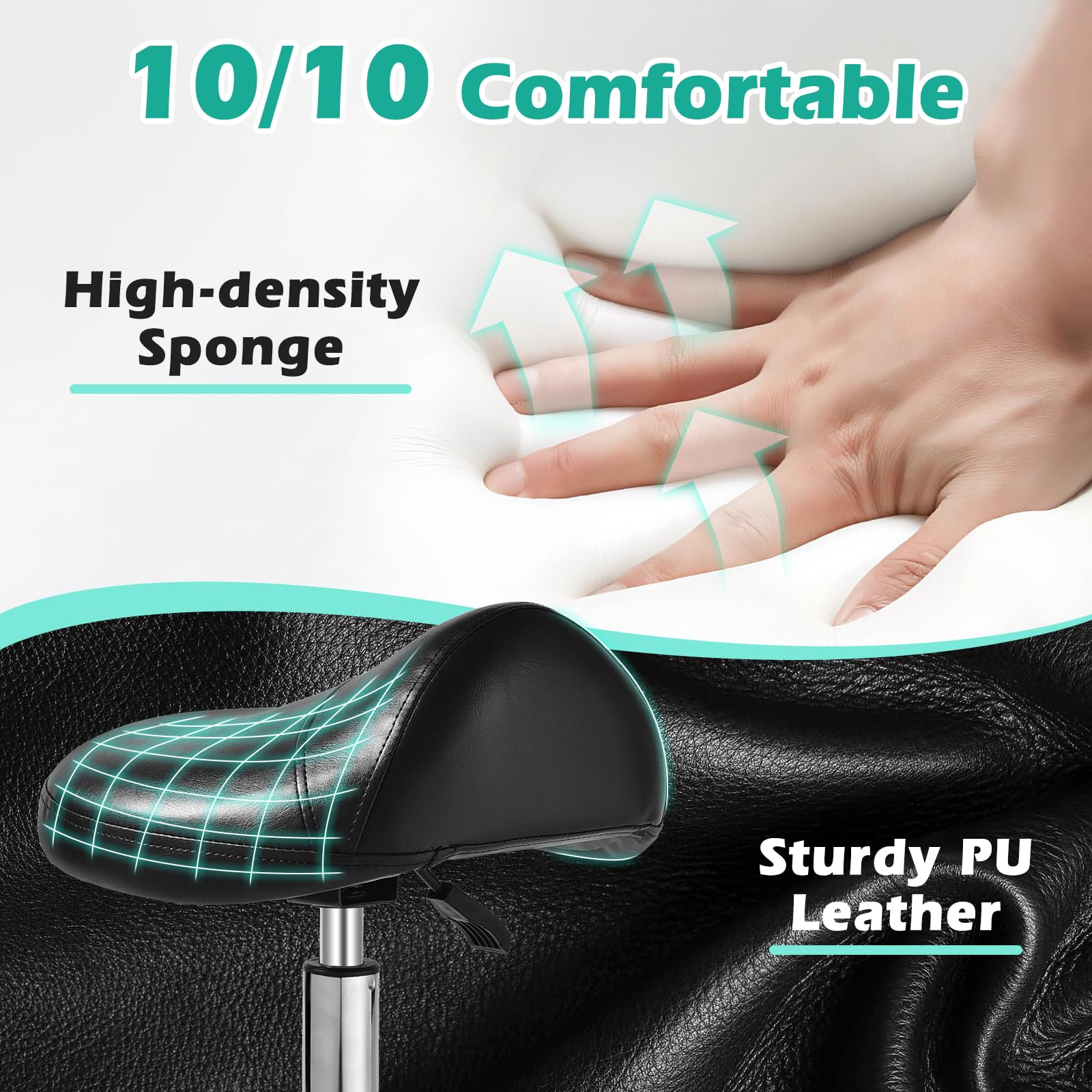 Taburete ergonómico con ruedas – Cojín de asiento de cuero más grueso mejorado, corrección de postura saludable, deslizamiento suave y sedoso, taburete ajustable con ruedas para masaje médico de salón 4