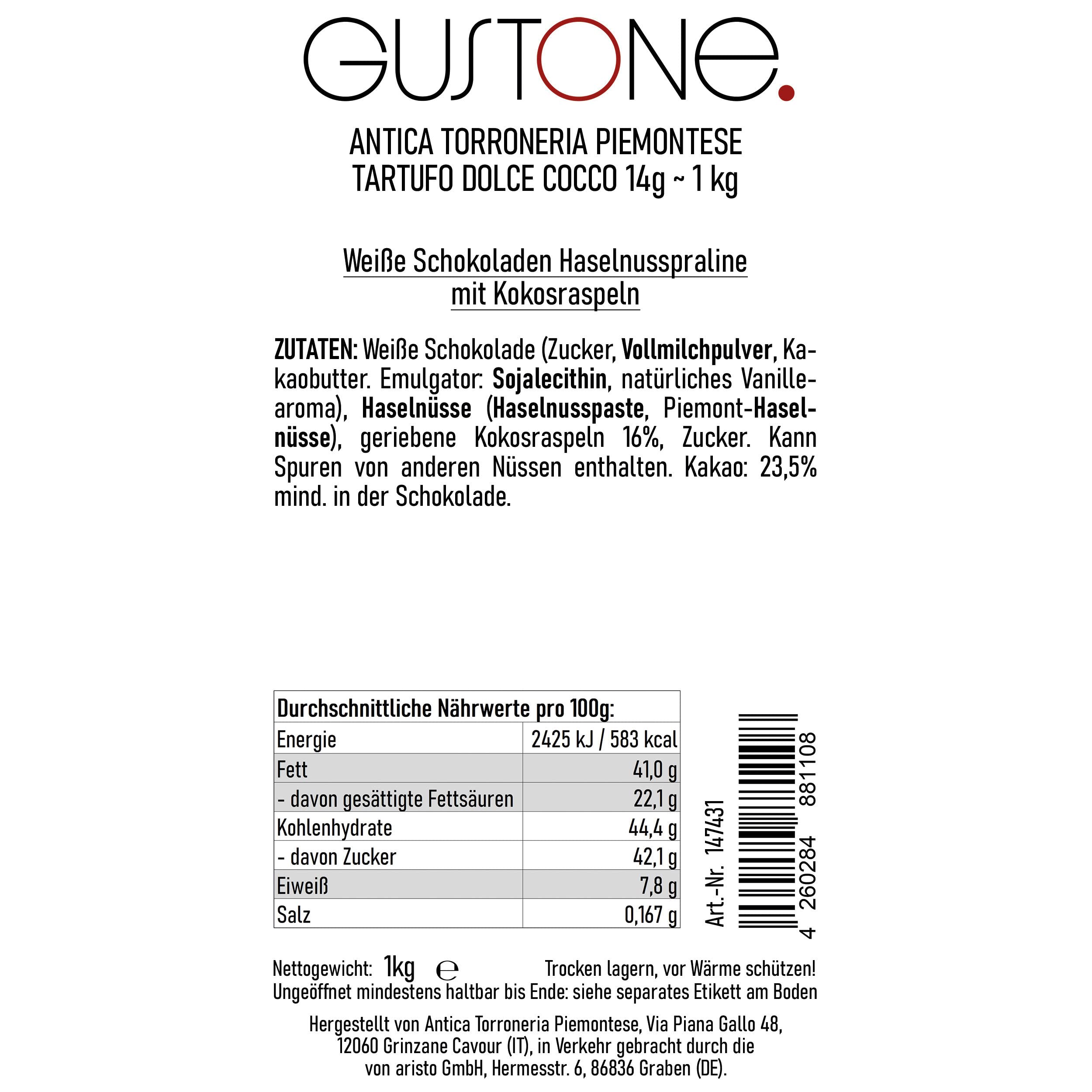 GUSTONE. Tartufi Dolci Cocco Antica Torroneria Piemontese 1kg | ideal als Geschenk für Geschäftspartner, glutenfrei, IGP-geschützte Herkunft, Trüffel-Praline weiße Kokos Haselnuss