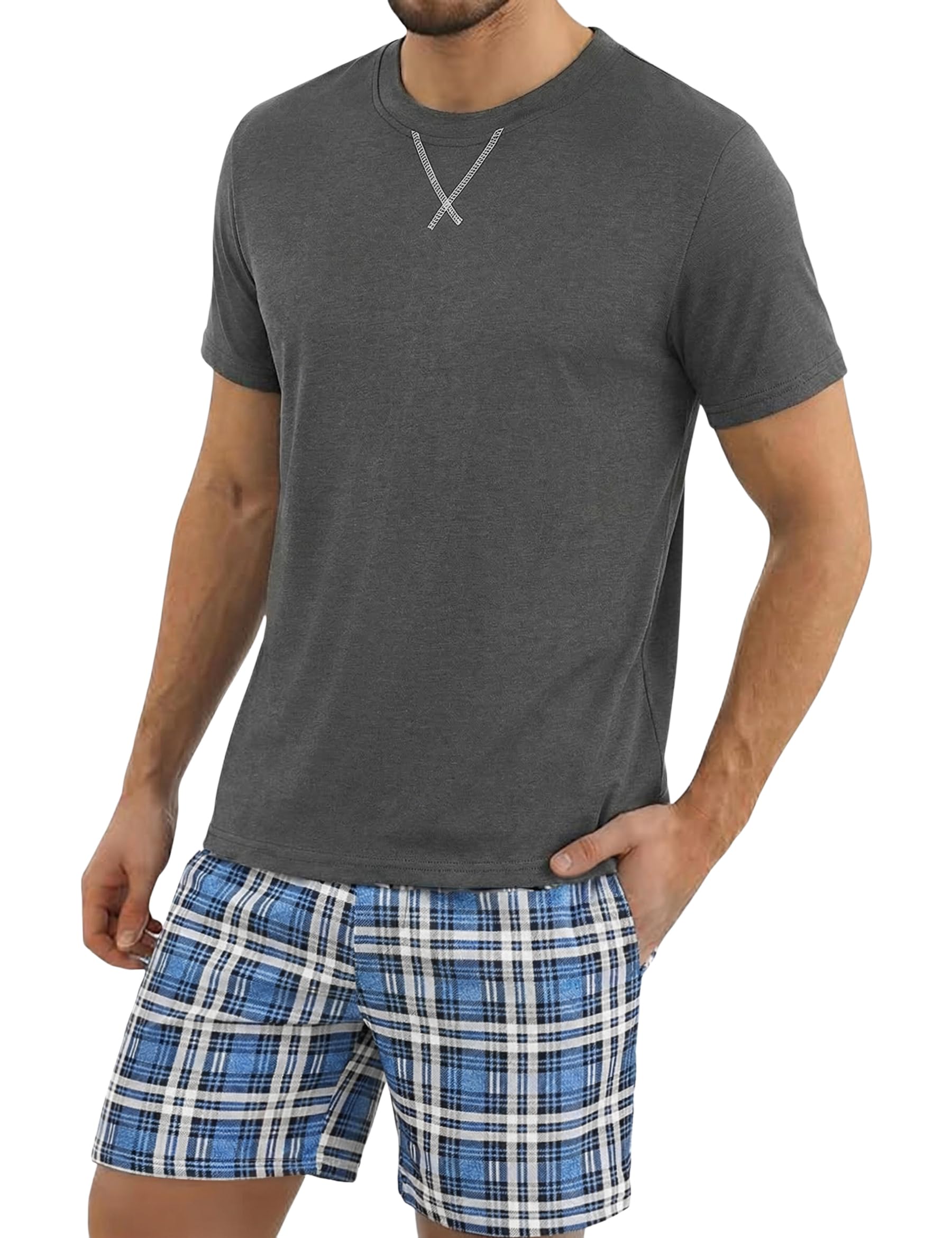 Demegimi Schlafanzug Herren Kurz Pyjama Set Baumwolle Sommer Shorty Nachtwäsche Kariert Pyjamaset Männer