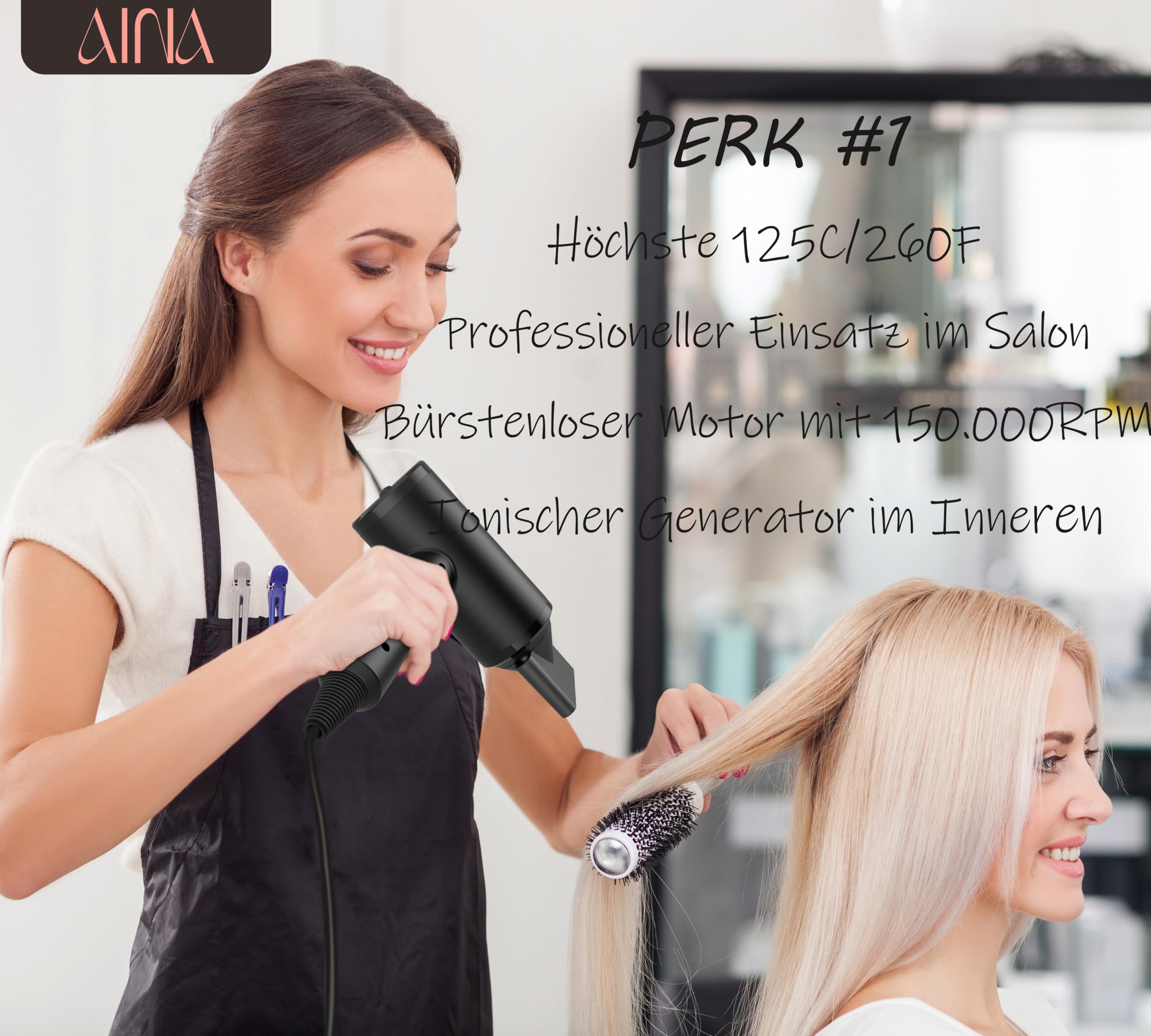 AINA Professioneller Haartrockner (neue Tech)2300W Föhn mit Diffusor,Bürstenkamm für Frauen | BLDC Bürstenloser Motor 150.000 U/min | Ionic | LED-Anzeige | 4 magnetische Aufsätze 230V/EU(Schwarz)