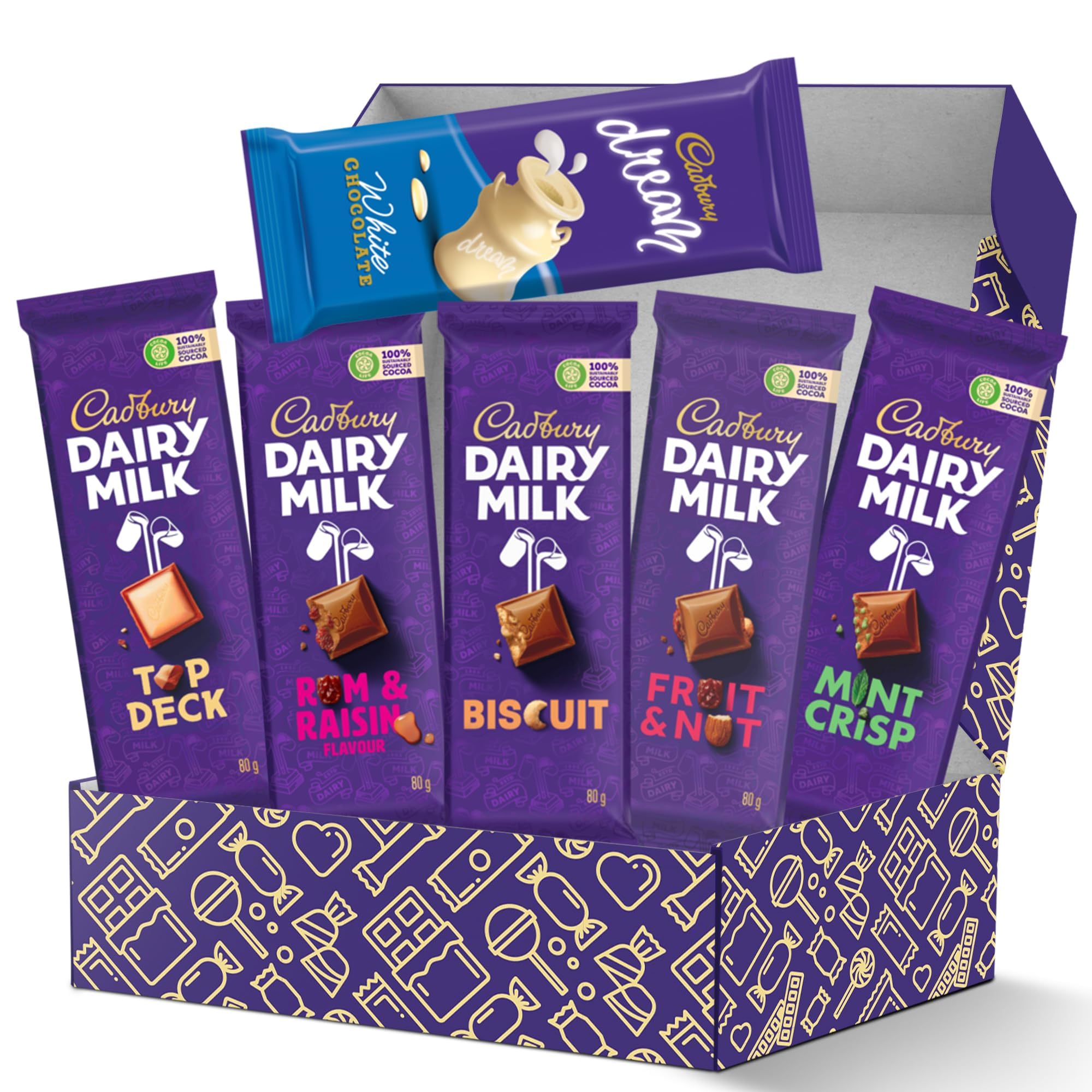 Cadbury Slabs Chocolate Box 6-Piece Assortment of Premium Cadbury Slabs Including Fruit & Nut, Rum & Raisin, Mint Crisp, Top Deck, Dream Biscuit, and Biscuit –Indulgent Chocolate Gift for Any Occasion