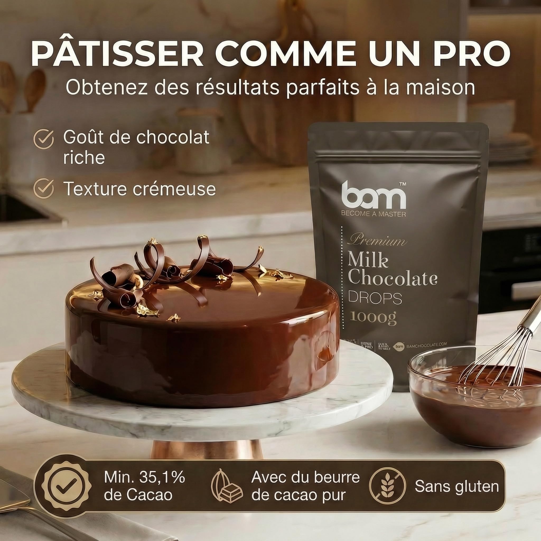 BAM Pépites de Chocolat au Lait de Couverture 35% Cacao | Chocolat Pâtissier pour Ganache, Fondue & Fontaine – 1kg