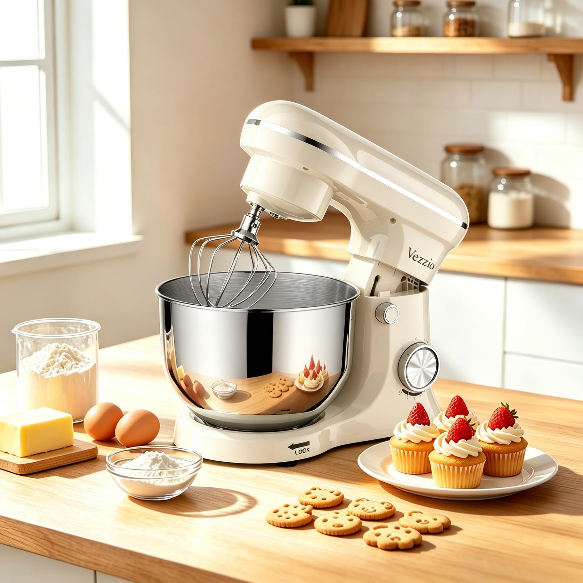 Vezzio Robot Pâtissier 1500W, Robot Cuisine avec Double Bol Acier Inoxydable (5L + 6L), 10 Vitesses, Pétrin Électrique avec Fouet, Crochet et Batteur Plat, Pour Pâtisserie et Cuisine(Blanc)