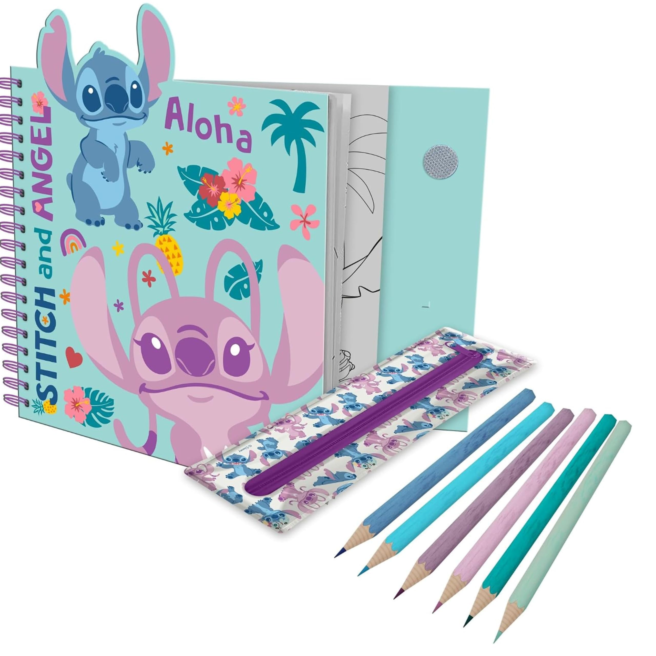 Disney Stitch Colouring Set with Spiral Notebook, Removable Pencil Case, 6 Coloured Pencils, Stickers & Colouring Pages, Kids Stationery Travel Activity Gift - 24cm
