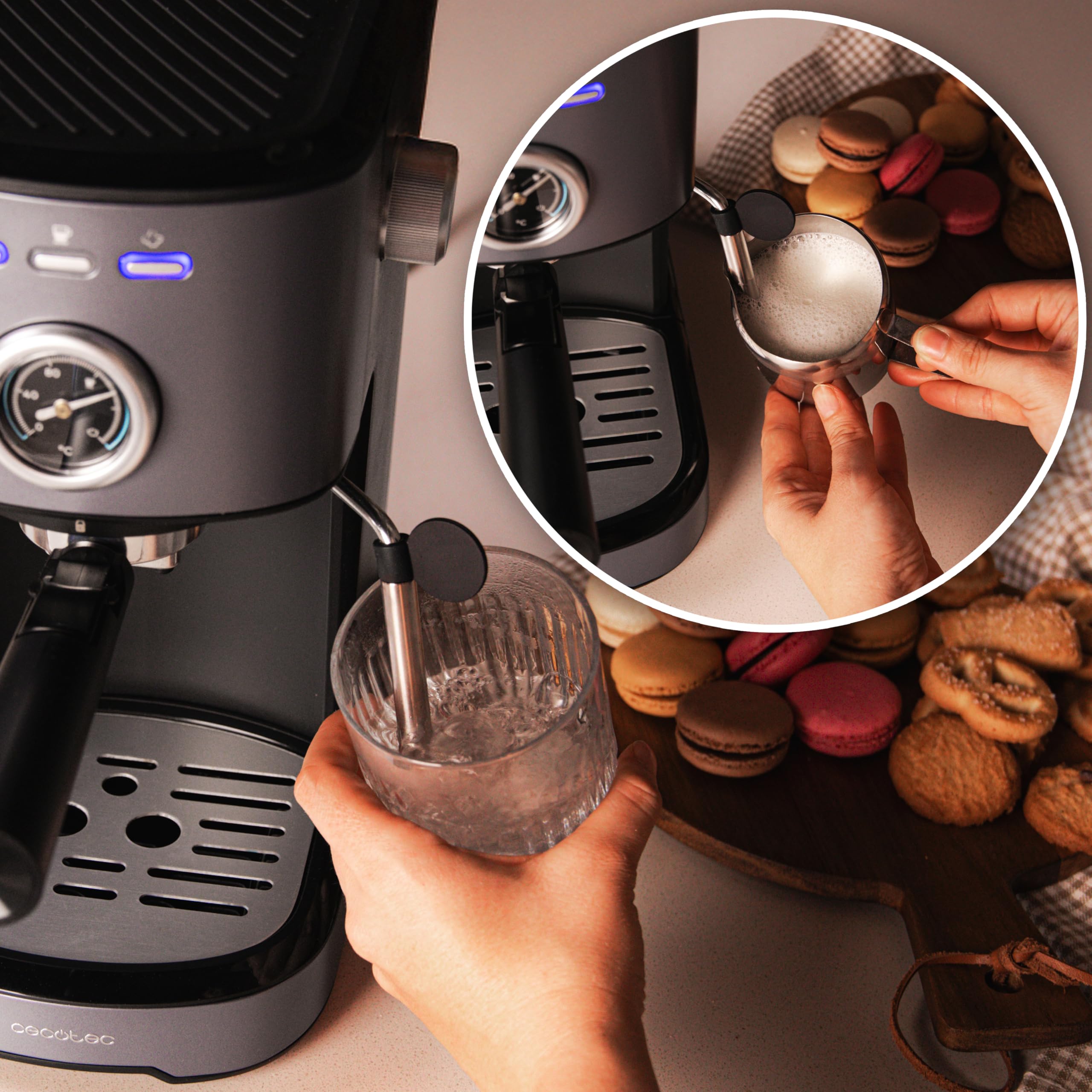 Cecotec macchine per caffè espresso Power Espresso 20 Pecan Steel. Caffettiera espressa digitale, con 20 bar e vapore orientabile.