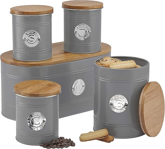 Cooks Professional Kitchen Storage Canister Set 5 Piece Tin Containers for Tea, Coffee, Sugar