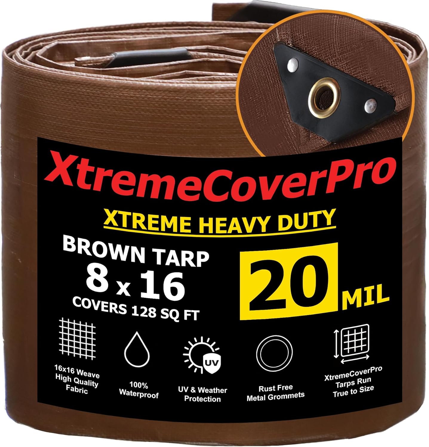 8' x 16' Brown Tarp - 20mil | Heavy Duty & Waterproof | UV Protection + Brass Grommets Reinforced Corners outdoor storage 8x16 ft Rain Camping Tent Greenhouse roof Leak Ground Cover Leakproof Shed car