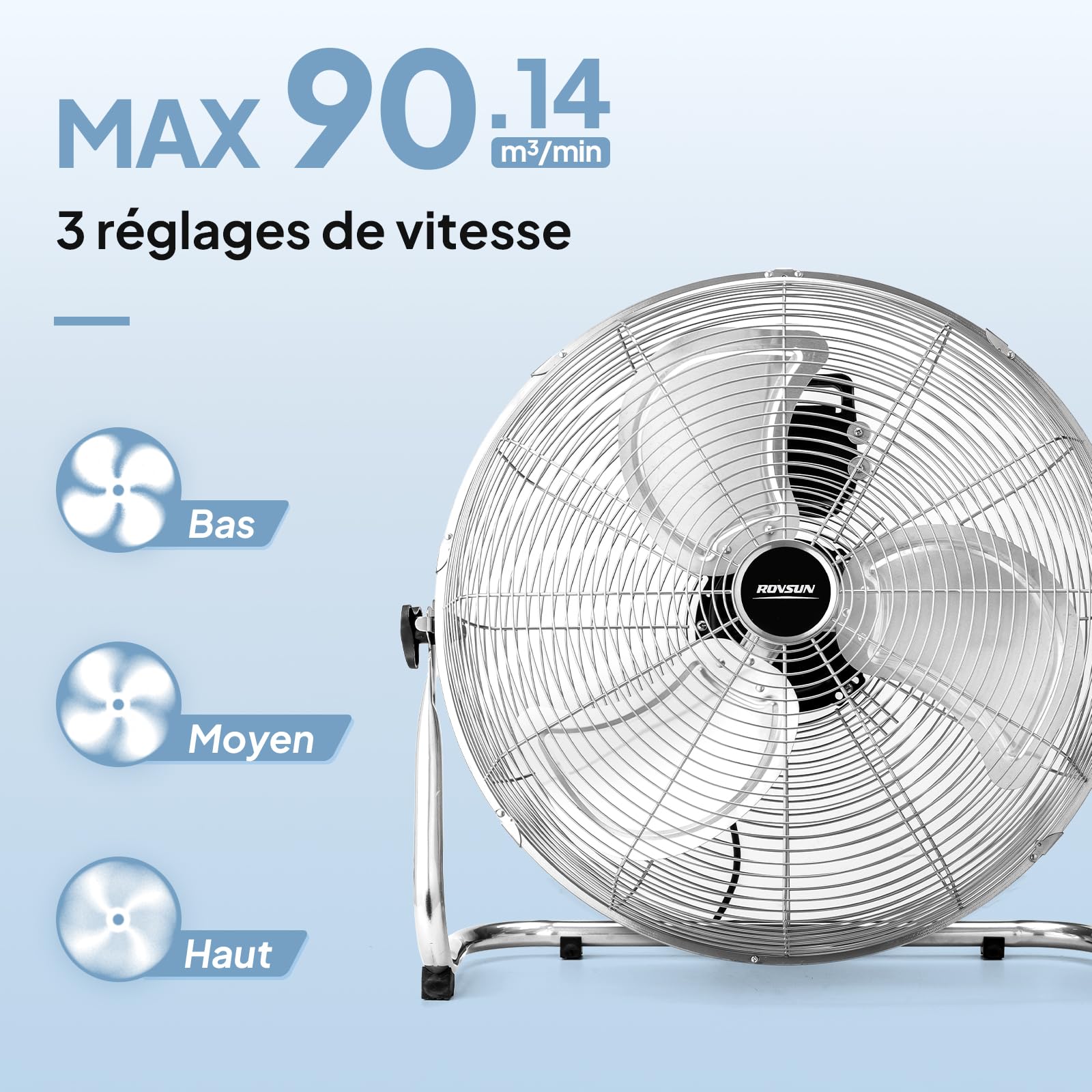 ROVSUN Ventilateur de Sol 30cm, 60W, Ventilateur Industriel en Métal Robuste, 3 Vitesses, Grille Amovible, Poignée Transport, 90-180° Réglable, pour Salon, Garage, Sous-sol, Atelier, Argenté