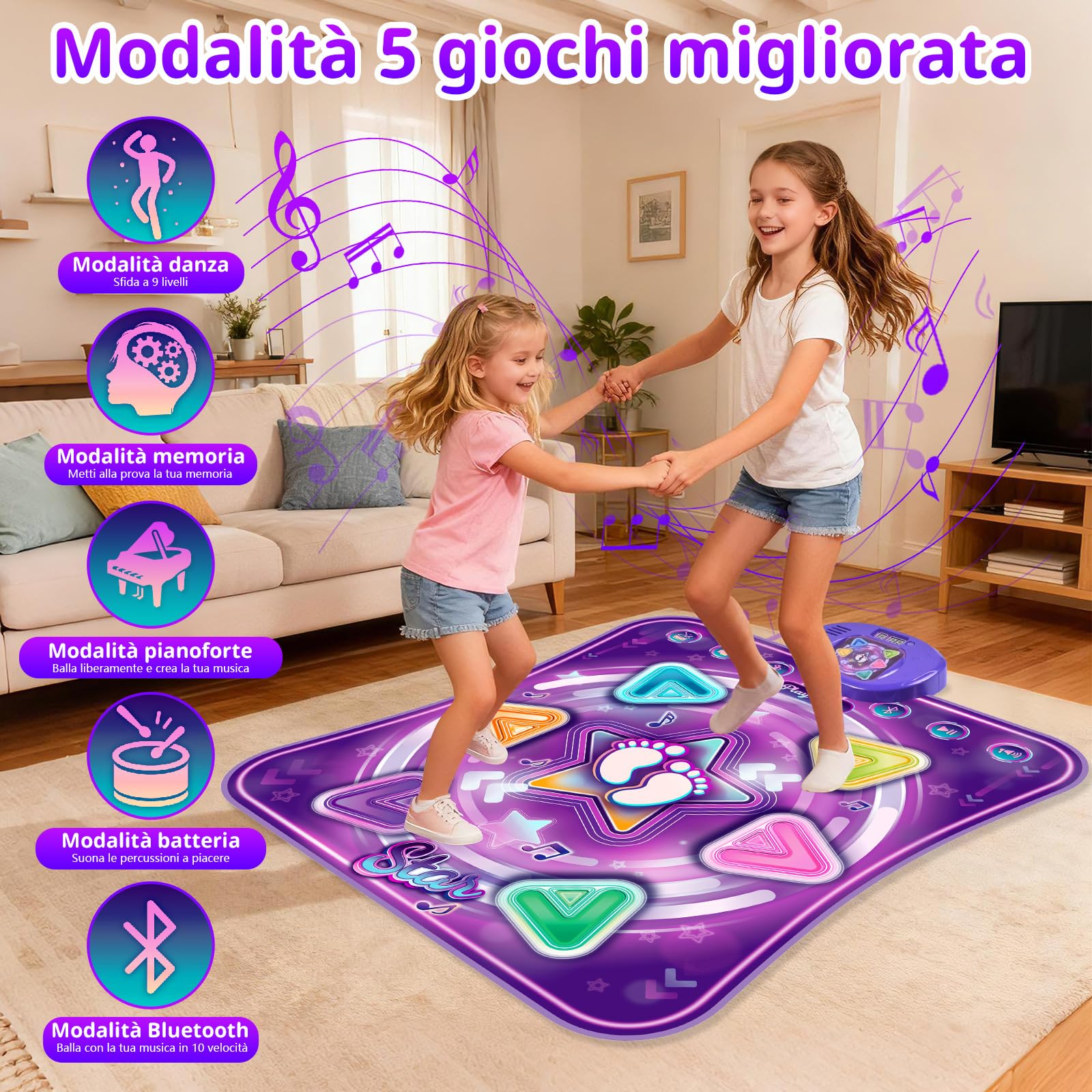 ZWOOS Tappeto Ballo Bambina Bluetooth con Luci e 5 modalità di Gioco, Tappetino da Ballo per Bambini 3 4 5 6 7 8 9 10 11 12+ Anni, Antiscivolo Giochi Bambina Bambino, Regalo Compleanno Natale