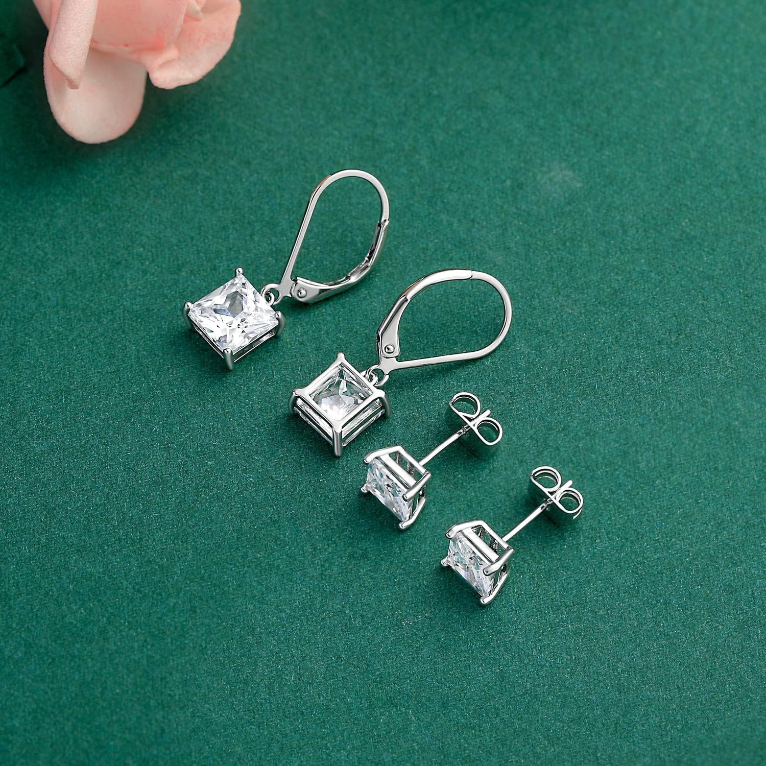 18K White Gold Plated Earrings Round Princess Cut Clear Cubic Zirconia Tear Drop Dangle Earrings for Women Hypoallergenic - Image 5