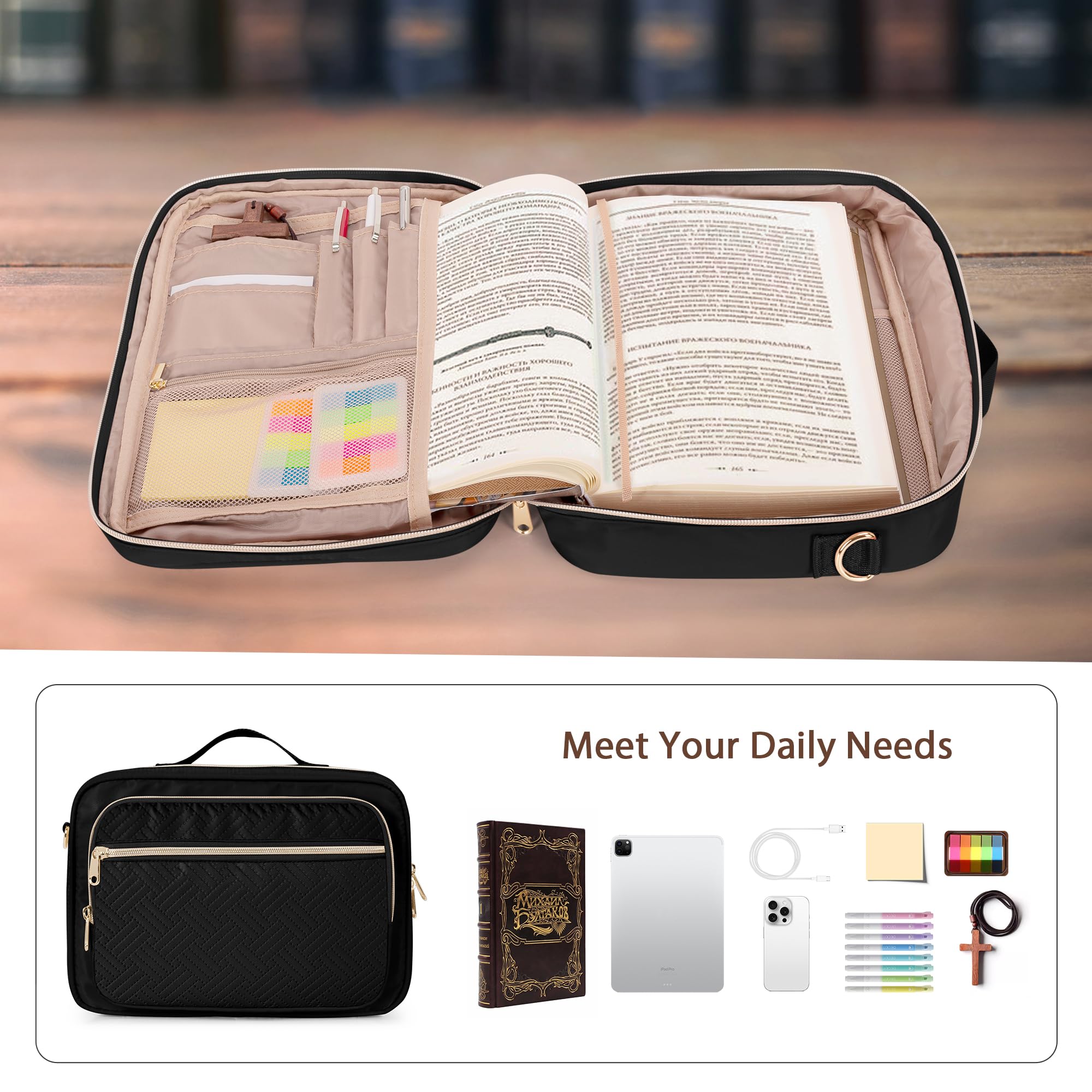 Prokva Bible Cover Case for Women Large Church Bag with Strap, Carrying Case Book Protector with Handle, Black (Empty Bag Only) - Image 3