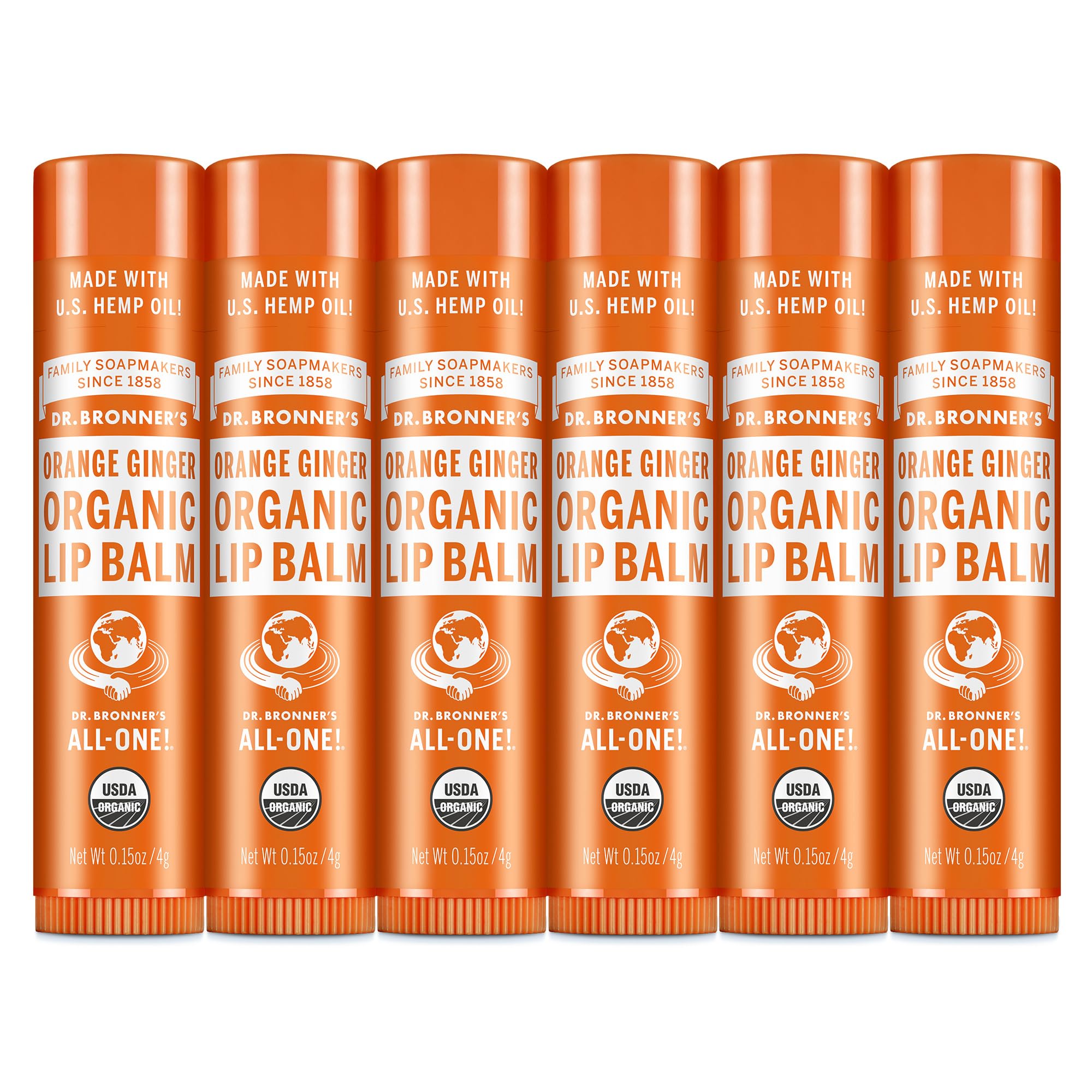 Dr. Bronner’s Organic Lip Balm 6-Pack (.15oz) Natural, Moisturizing, Petroleum-Free Lip Balm with Beeswax & Avocado Oil for Dry Lips, Men & Women - Orange Ginger