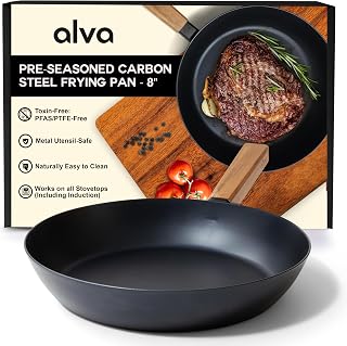 Forest Naturally Nonstick Carbon Steel Frying Pan 8" - Acacia Wood Handle, Pre-Seasoned and Made without PFAS, PFOA & PTFE - Induction and All Stovetop Compatible with Even Heat Distribution