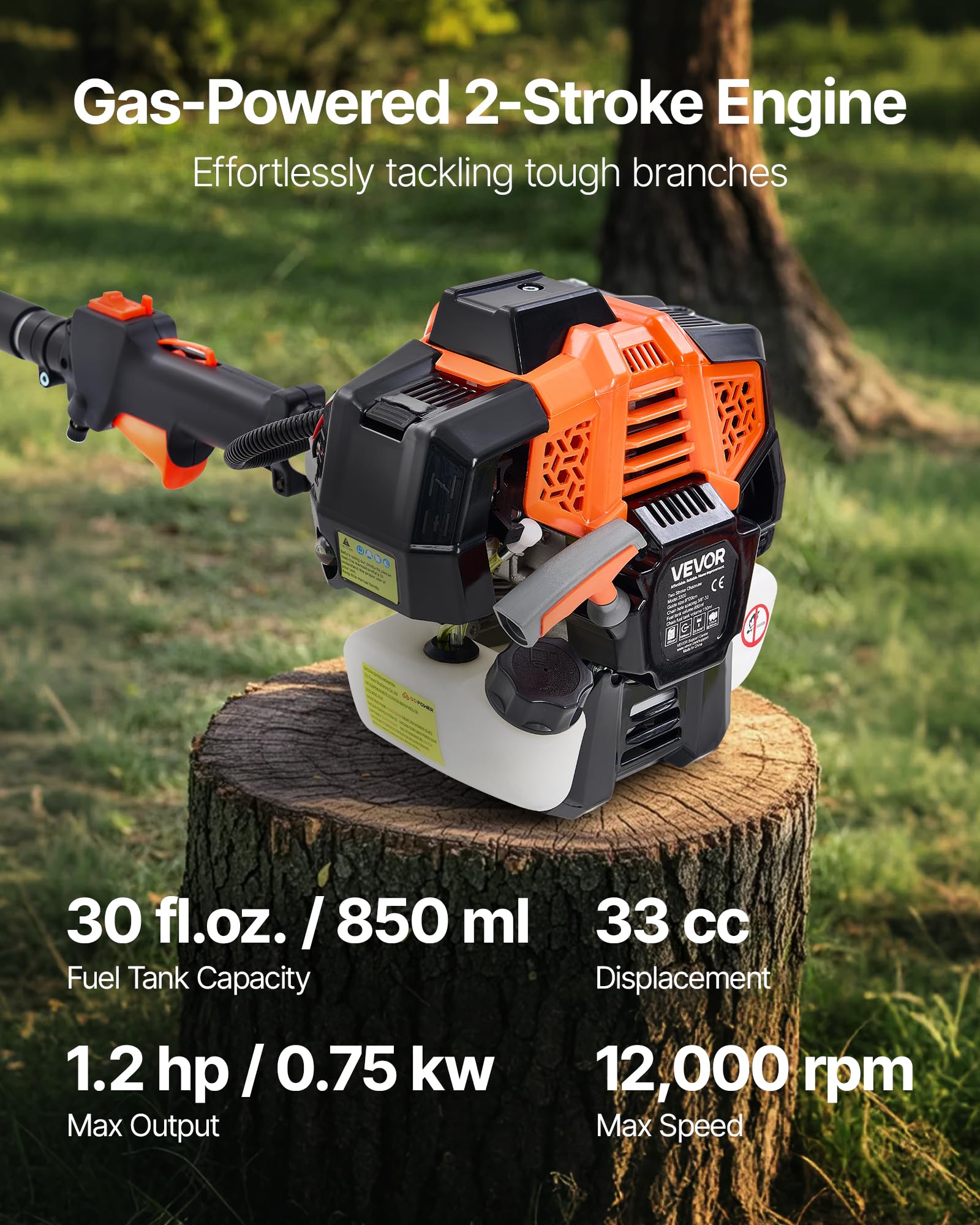 VEVOR Élagueuse Thermique sur Perche à 2 Temps, 33 cc, Élagueuse sans Fil à Essence, avec Perche Extensible 2,04-3,54 m, Guide-chaîne 20,3 cm, Réservoir de Carburant 850 ml, pour Élagage des Arbres