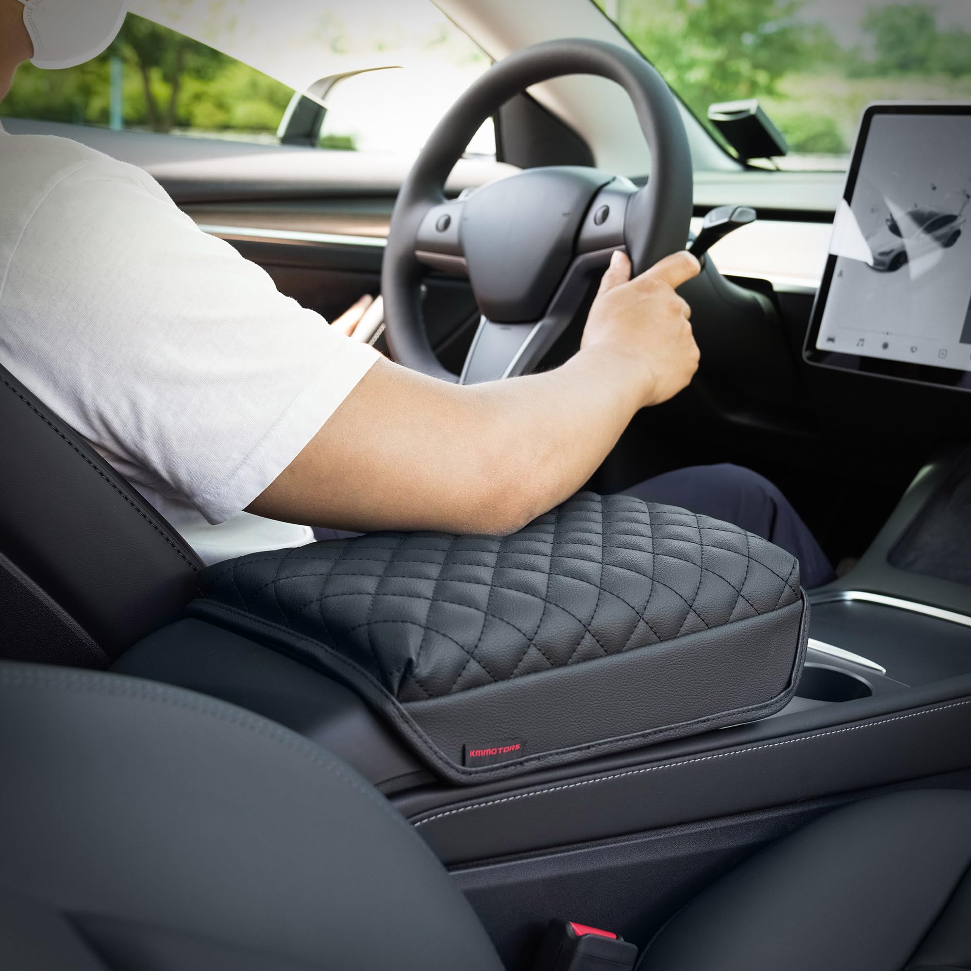 Oeream KMMOTORS Model 3, pokrowiec na konsolę model y, poduszka na podłokietnik, akcesoria, gadżety, skóra wegańska, osłona pokrywy konsoli (czarna)