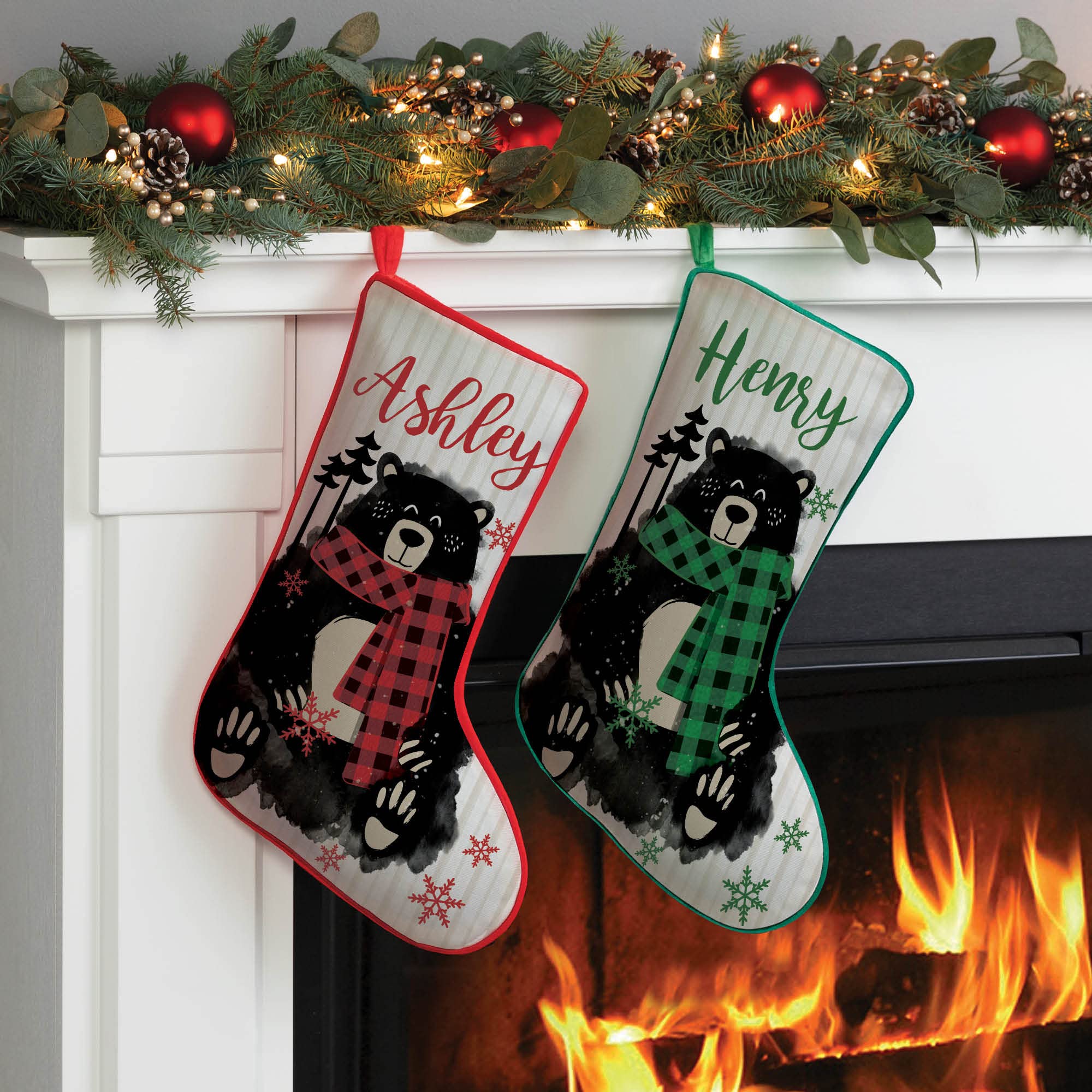 amazon-com-cozy-bear-with-scarf-personalized-christmas-stocking-with-custom-name-printed-red-trim-fun-festive-christmas-home-d-cor-ready-to-hang-home-kitchen