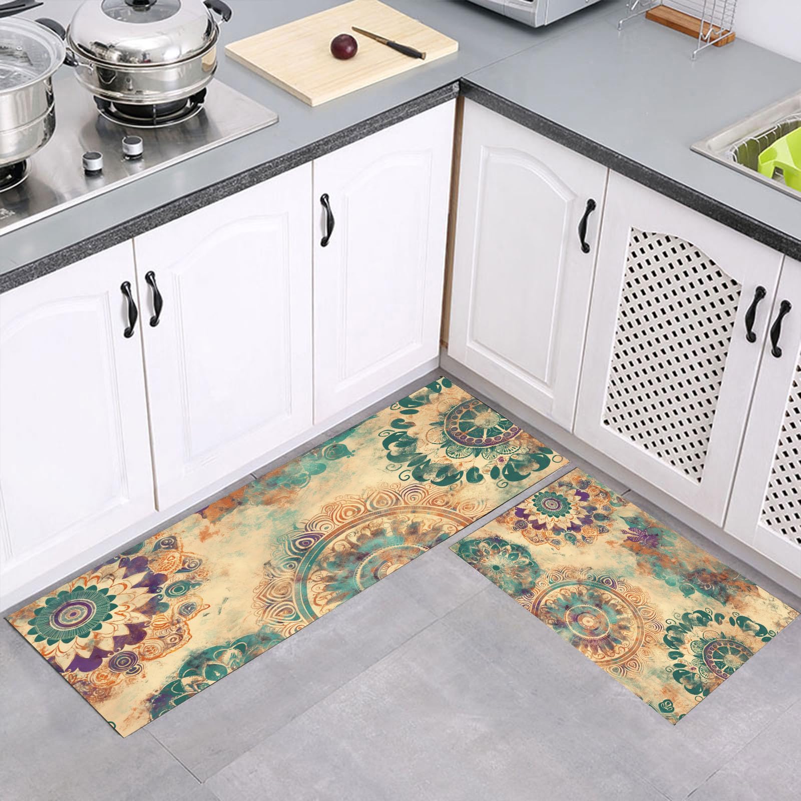 Tapis cuisine lavable en machine et absorbant l'huile motif bohème terreux