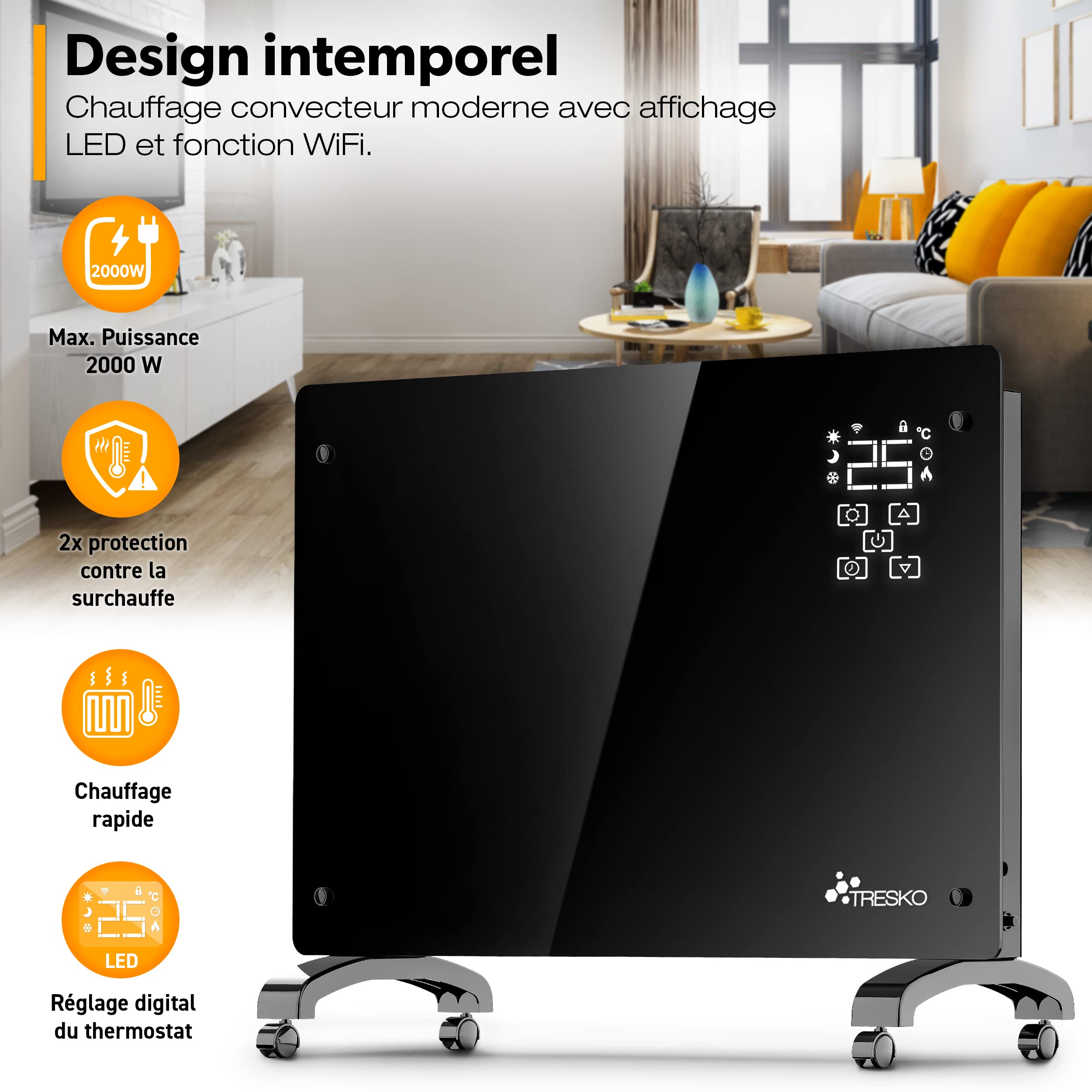 TRESKO® Radiateur Electrique Mobile avec APP & WiFi | Chauffage Electrique Mural Intelligent | Convecteur | Radiateurs Electriques chauffage au sol ou mural (Noir / 2000 W)
