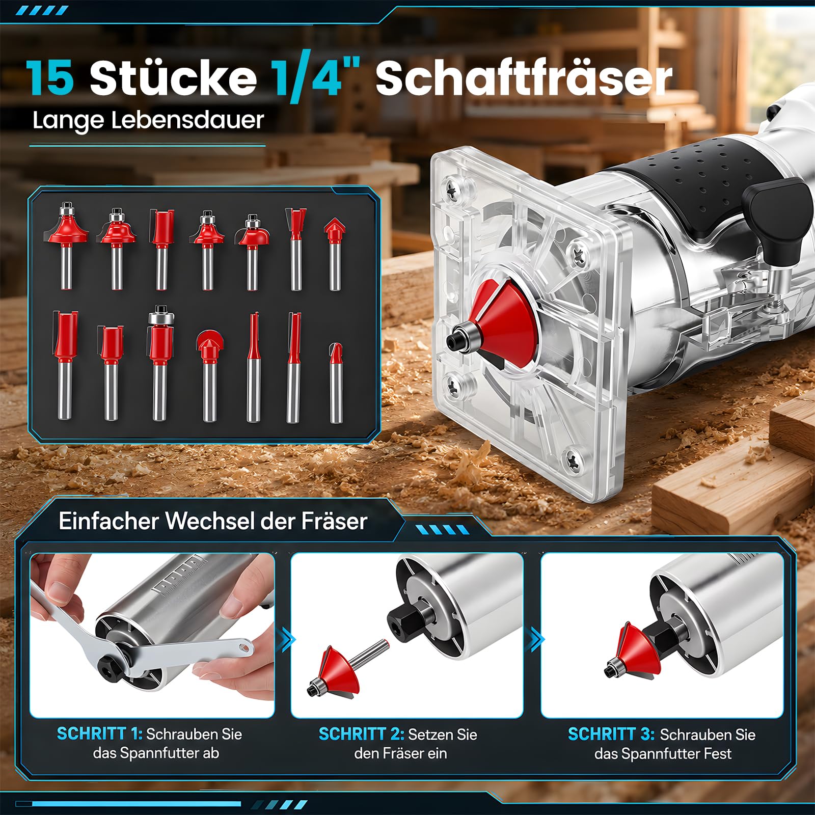 Fresadora de cantos de 800 W con 15 piezas, 800 W, 30000 rpm, fresadora profesional de 6,35 mm y carcasa de aluminio, fresadora de madera precisa para aficionados y profesionales
