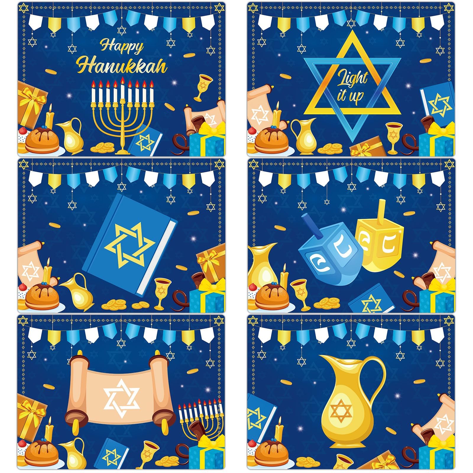Hanukkah - Juego de 6 manteles individuales de plástico reciclables, lavables, decoración de mesa de vacaciones para interiores y exteriores, fiesta de Hanukkah, cocina, mesa de comedor