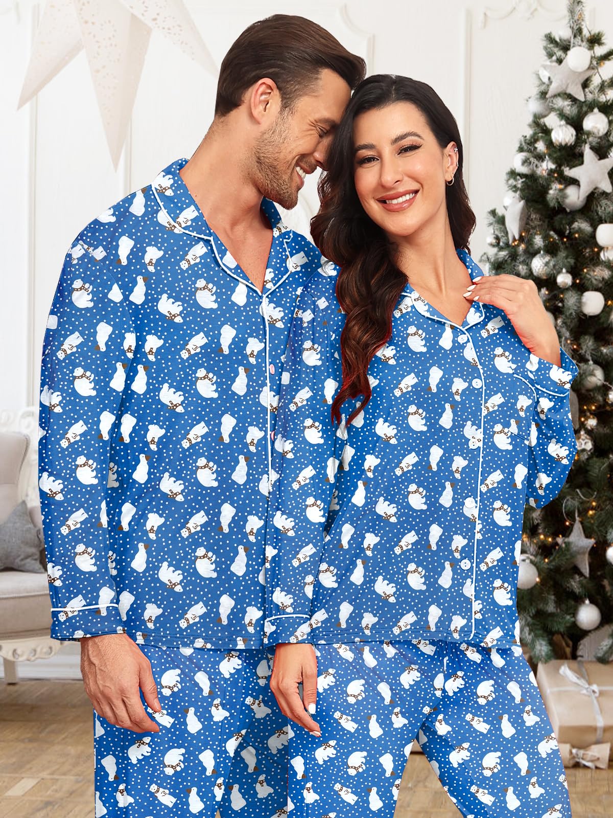 Pijamas de Navidad a juego para parejas, conjunto de pijama modal de manga larga con botones, ropa de dormir suave, ropa de descanso S-XXXL