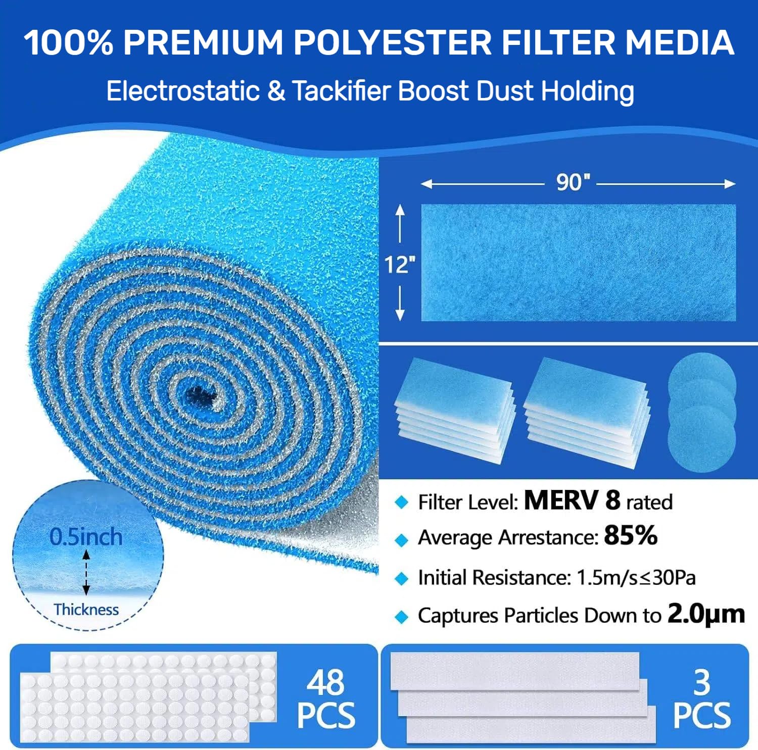 Rouleau de filtres pour grille d'aération, 30,5 x 228,6 cm découpés pour s'adapter aux filtres à air (60 + filtres), filtre électrostatique MERV 8 triple filtration pour sol, plafond, four
