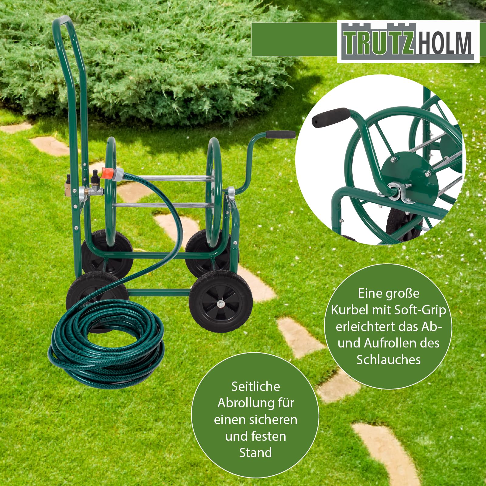 TRUTZHOLM Schlauchwagen Basic 4 Räder 95,5 x 58 cm Stahl, für 50 m Gartenschlauch 3/4" Anschluß grün