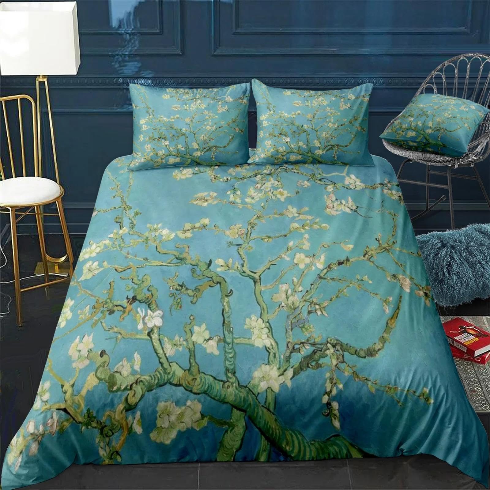 Parure de lit à fleurs haut de gamme motif Van Gogh pour lit king size 220 x 260 cm