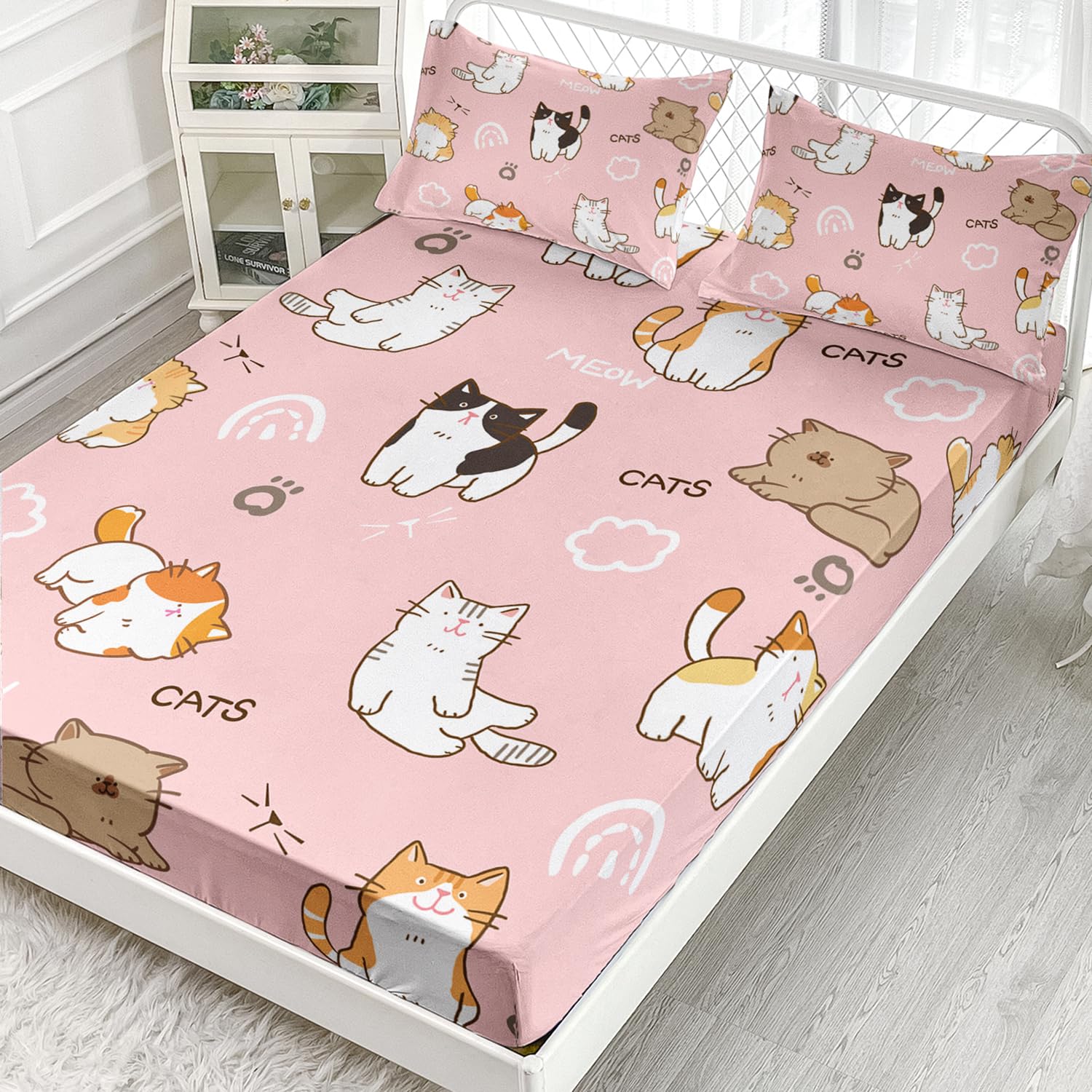 AILONEN Cats Fitted Sheet Twin XL Size Cartoon Cat Cute Bed Sheet for Kids Girls Teen Pink Kawaii Bedding Set Decor 3 Pieces Set, 1 Fitted Sheet and 2 Pillowcases