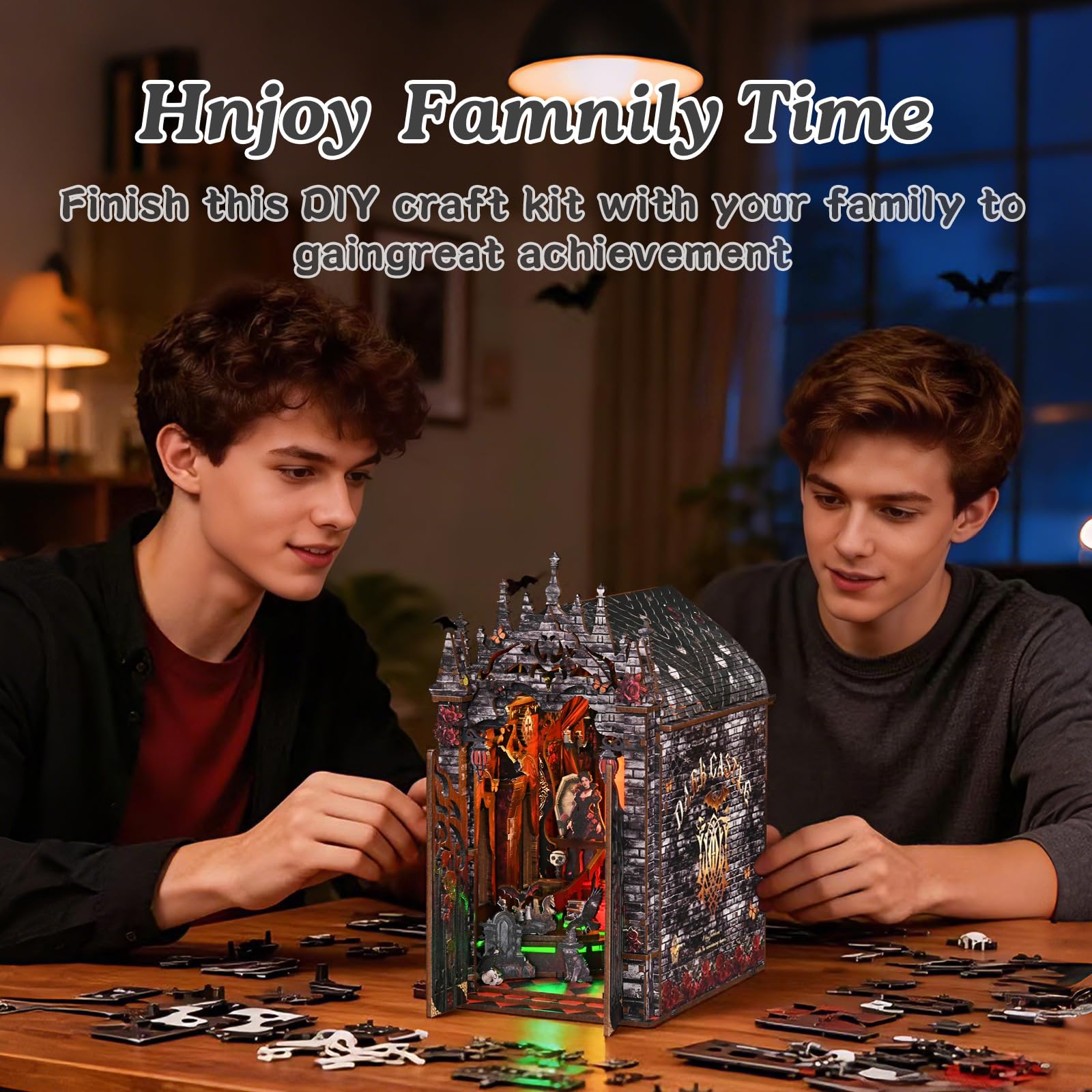 DIY Book Nook kit-Dunkler Aastle-Buchstütze Aus Holz und 3D-Puzzle mit LED-Licht, bastelset Erwachsene，Book Nook kit