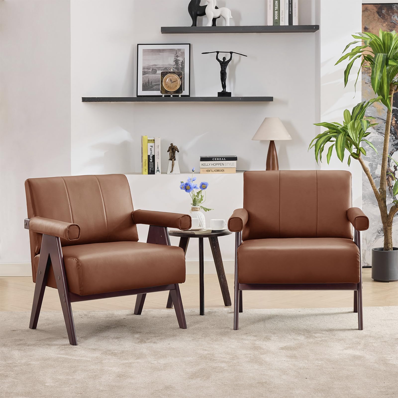 STHOUYN Brown Leather Accent Chairs Set of 2, Mid Century Modern Chair Set of 2, Side Arm Chairs for Living Room, Office Guest Waiting Room Lobby