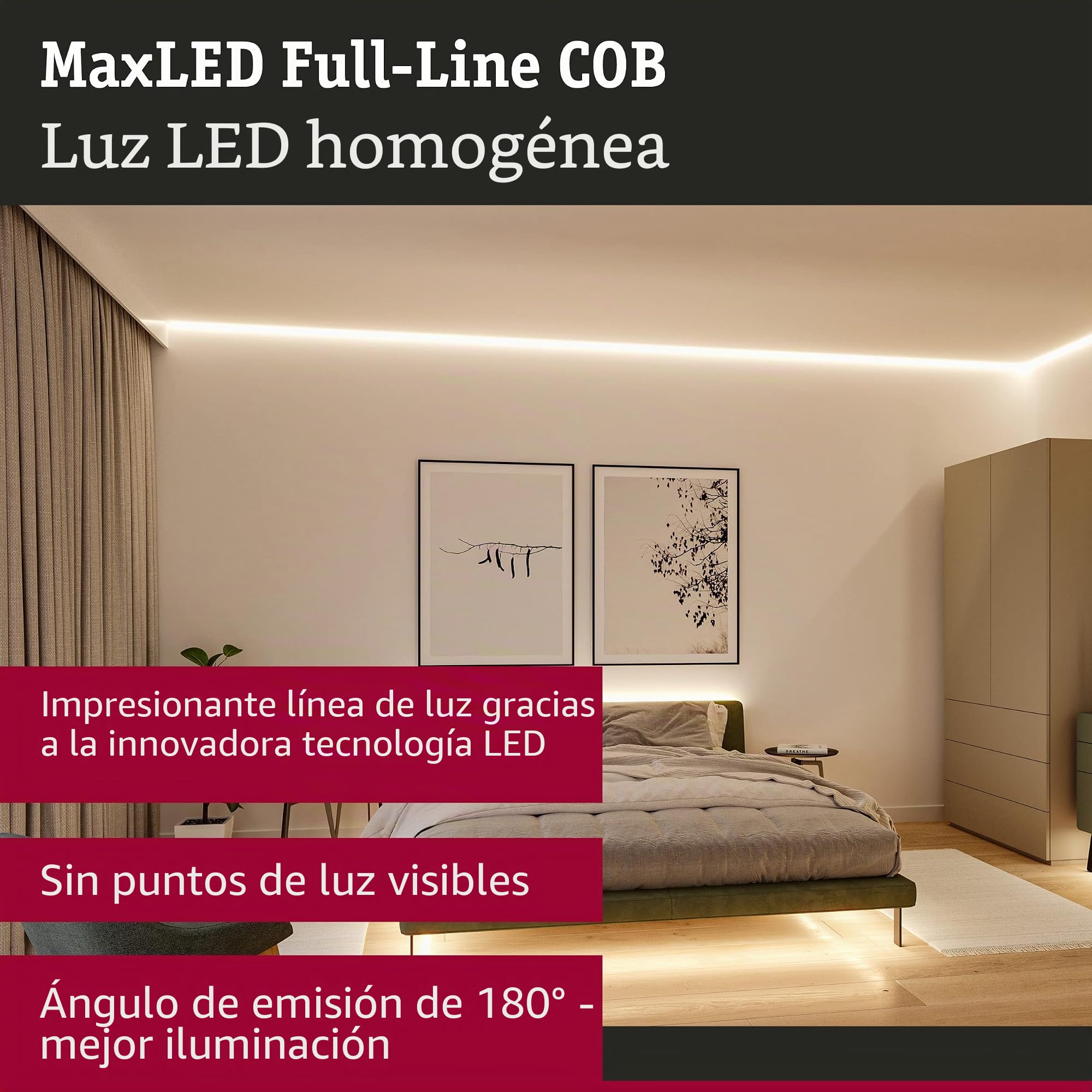 Paulmann 71049 MaxLED 1000 Strip LED Full-Line COB juego completo 3m 36W 3240lm 528LED/m 2700K 50VA regulable, plateado, plástico