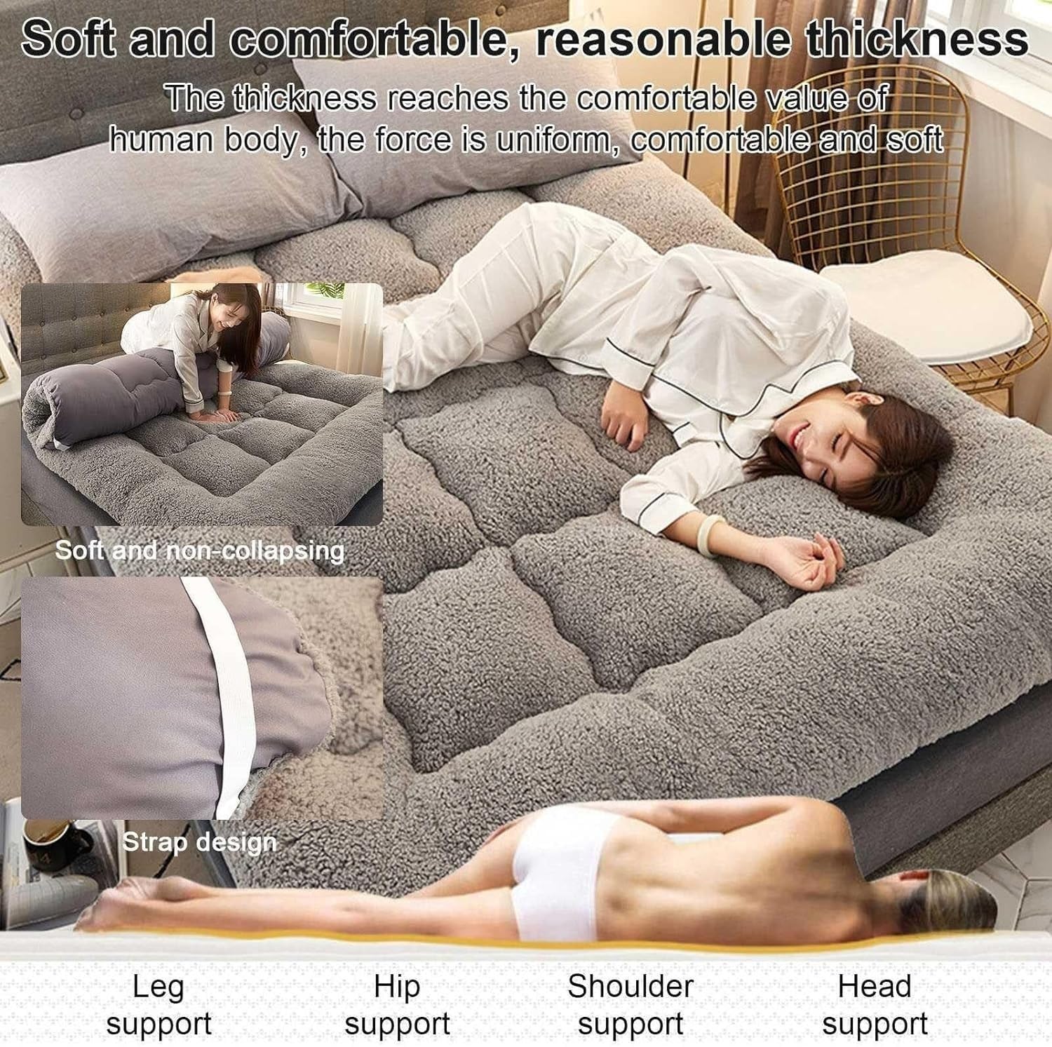 Przenośny japoński materac futon, składany, gruba mata w rozmiarze queen size, dwustronny, szary (podwójne 90 x 200 cm) - idealny do podróży domowych i pokoi gościnnych