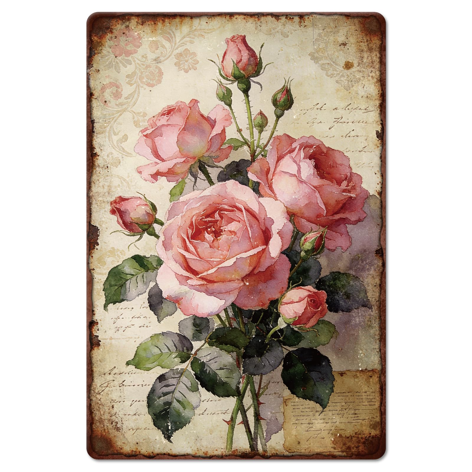 GLOBLELAND Vintage Roses Metal Tin Sign 12x8 inch Pink Floral Tin Signs Retro Spring Flowers Metal Wall Poster Plaque for Home Bedroom Living Room Bathroom Office Cafe Salon Florist Shop Decor