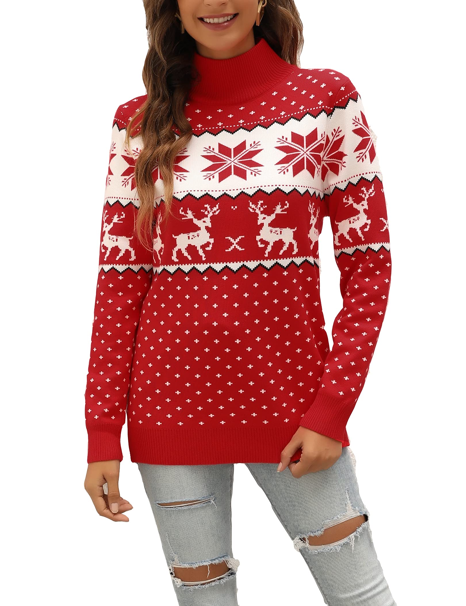 LYHNMW Womens Ugly Christmas Sweaters Snowflake Reindeer Long Sleeve Holiday Knit Xmas Sweater Pullover Tops