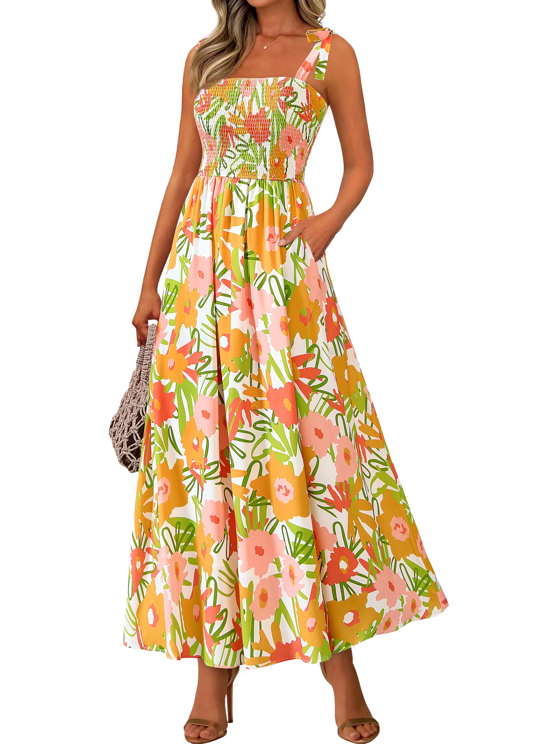 PRETTYGARDEN Womens Summer Dress Floral Smocked Maxi Dresses Beach Sundress