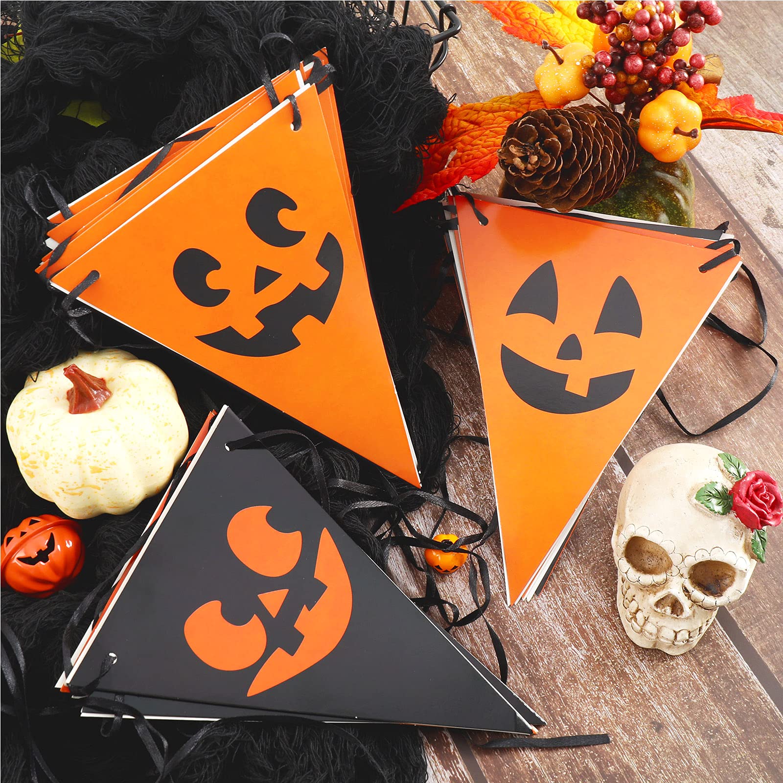 Ghirlanda Di Bandierine Triangolari Pink Blume, 9 Metri, 36 Bandiere In Tessuto Arancione/nero Metallizzato Olografico, Doppia Faccia, Per Halloween E Feste - 4