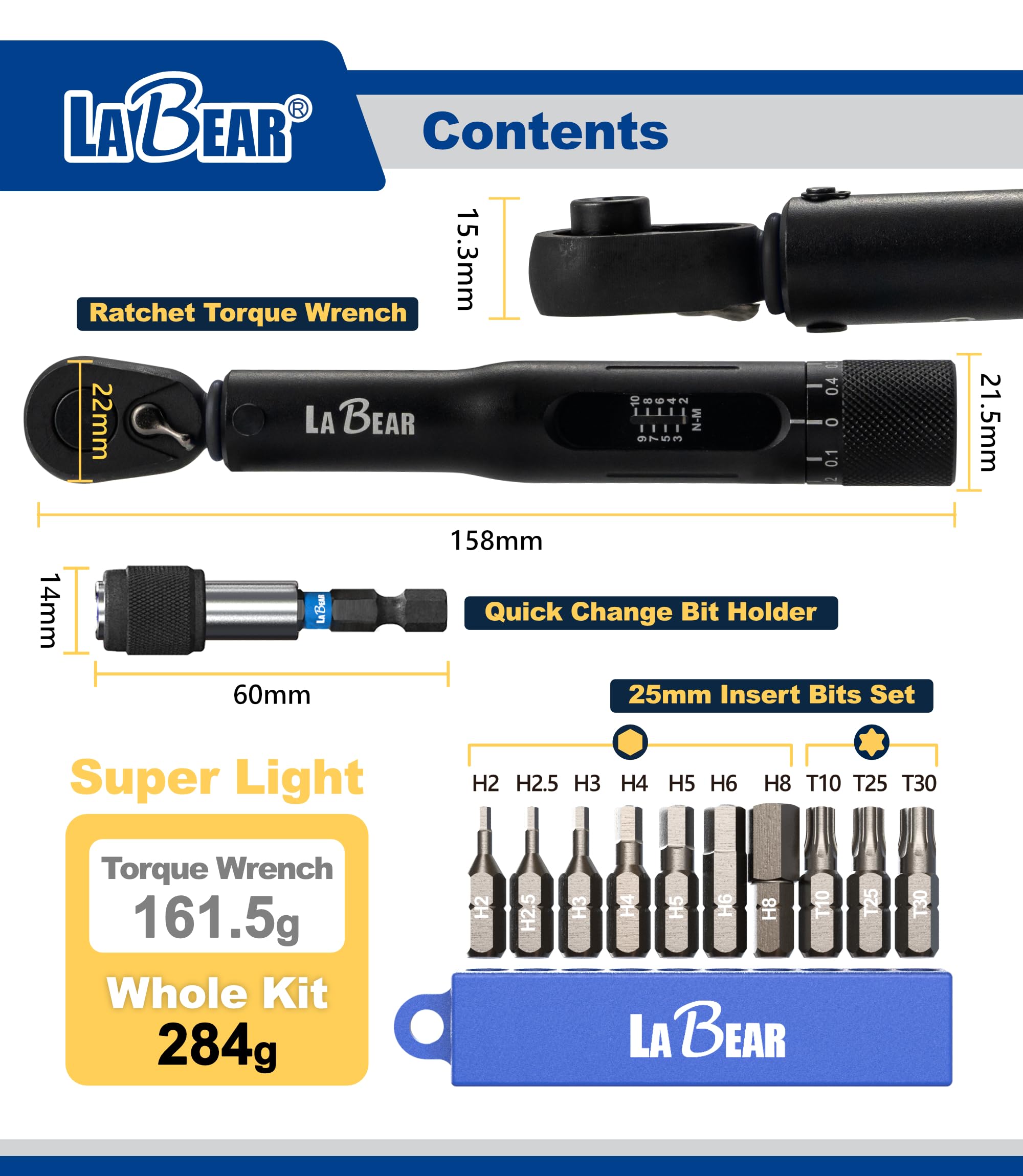 LABEAR - Torque Wrench Set for Bikes - High-Precision 1/4 Torque Wrench with Adjustable Torque Range 2 to 20 Nm, 72-Tooth Gear, Dual-Direction Click Type