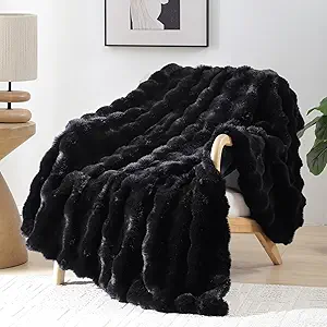 Smoofy Faux Fur Throw Blanket for Couch – Black Fluffy Cozy Rabbit Fleece, Plush Soft Bubble Blanket for Sofa & Bed, for Mom, Warm Fuzzy Home Room Decor Throw 50" x 60"