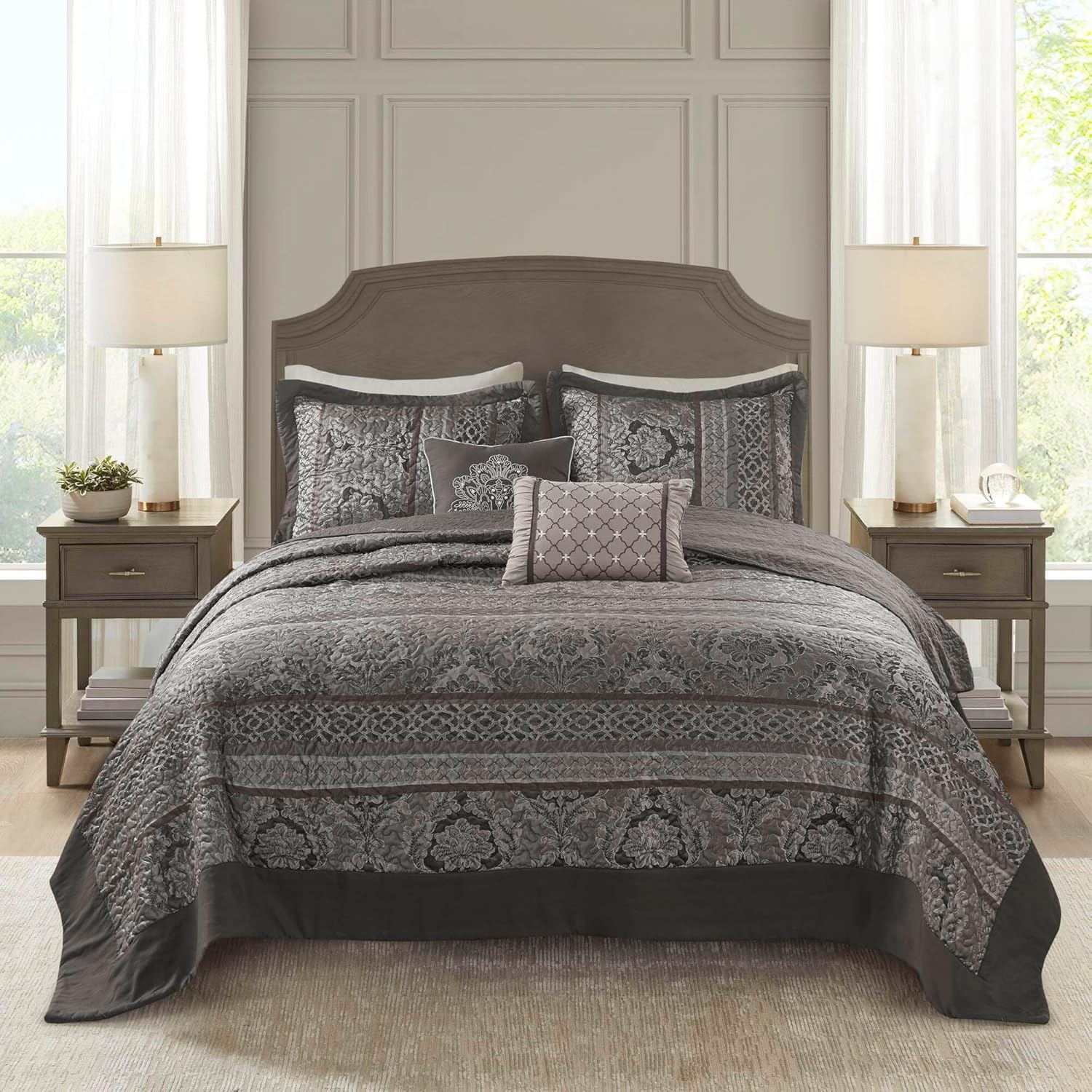 5-Piece Queen 5 Piece Reversible Jacquard Bedspread Set,Grey