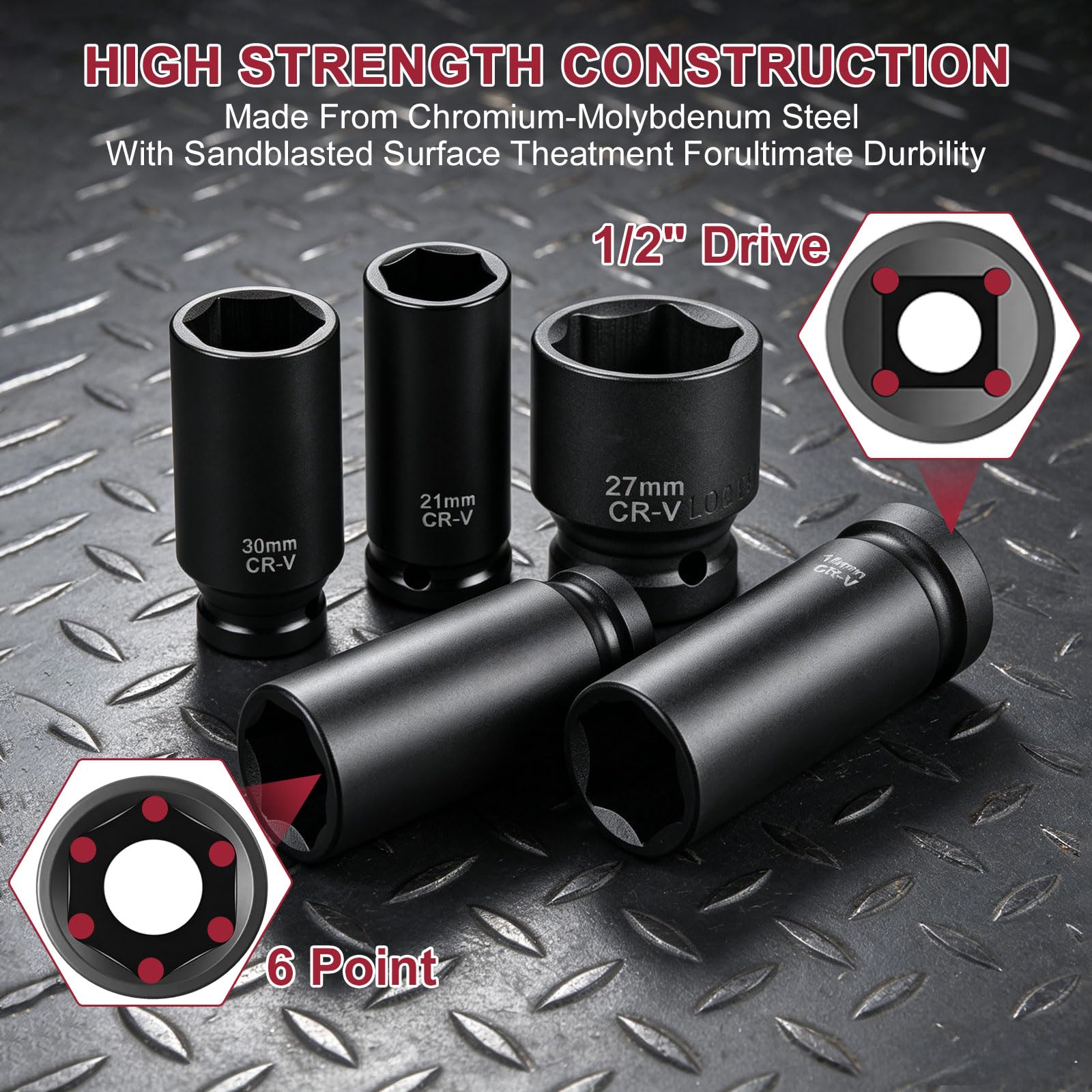 Set Chiavi a Bussola 1/2 35 Pezzi, 8-32mm Bussole a Impatto Lunghe, Set Bussole 1/2 Esagonali CR-MO, 6 Punti per Meccanica Auto con Custodia, Chiave Bussola per Avvitatore