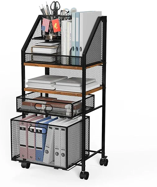 Rolling File Cart with 2 Drawers Metal Moving Storage Cart with Lockable Wheels Wood&Mesh Rolling File Organizer Filing Cabinets for Home Office Classroom Organization(31 * 15 * 10 Inch)
