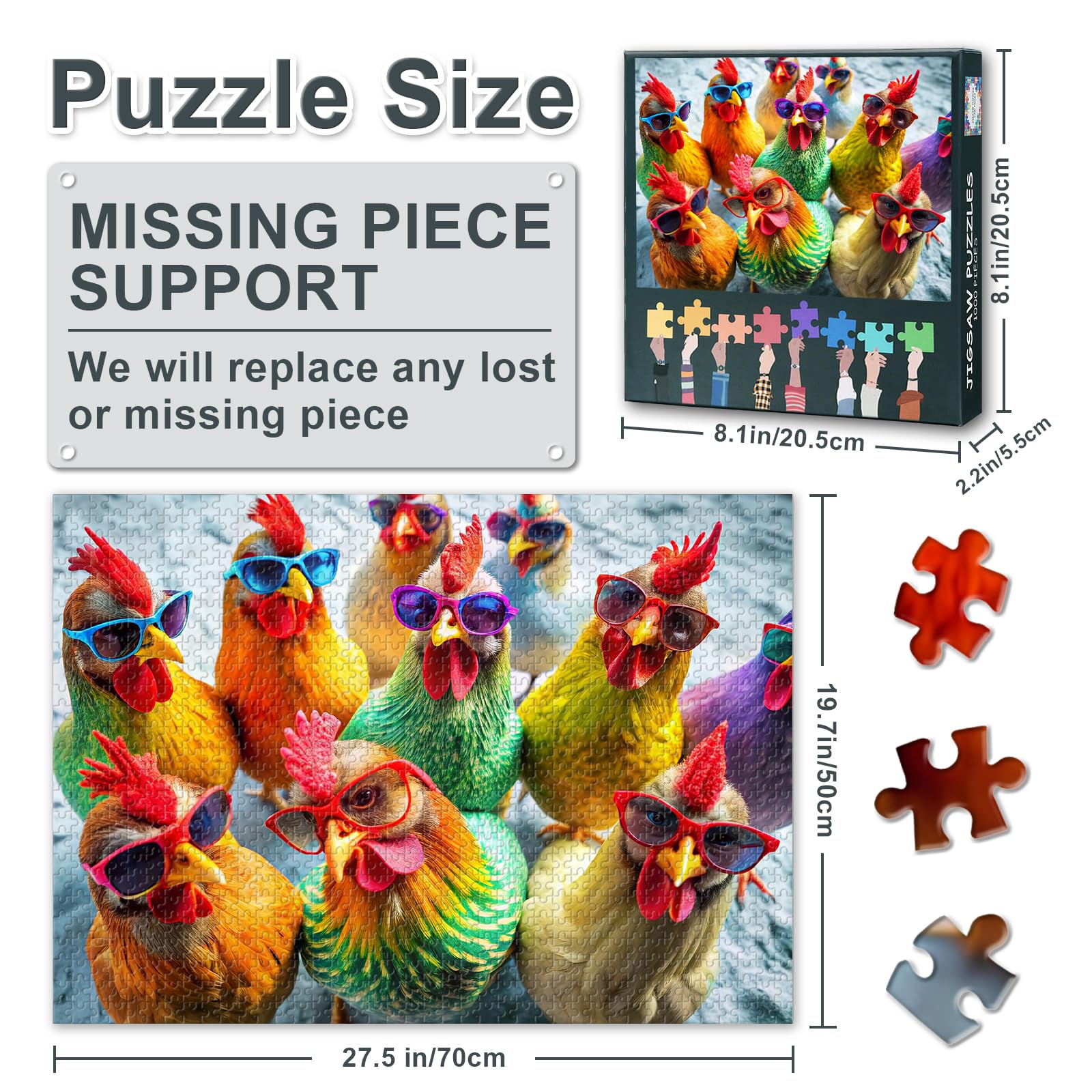 Jigsaw Puzzles 1000-Pieces, Whimsical Chickens in Retro Sunglasses, 20x28 Inch Farm Animal Photography Art for Adults & Teens - Image 4