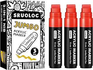 3 Jumbo Permanent Markers Red, 15mm Thick Wide Tip, Large Acrylic Paint Markers for Rock Painting, Poster, Graffiti, Stone, Ceramic, Glass, Wood, Canvas