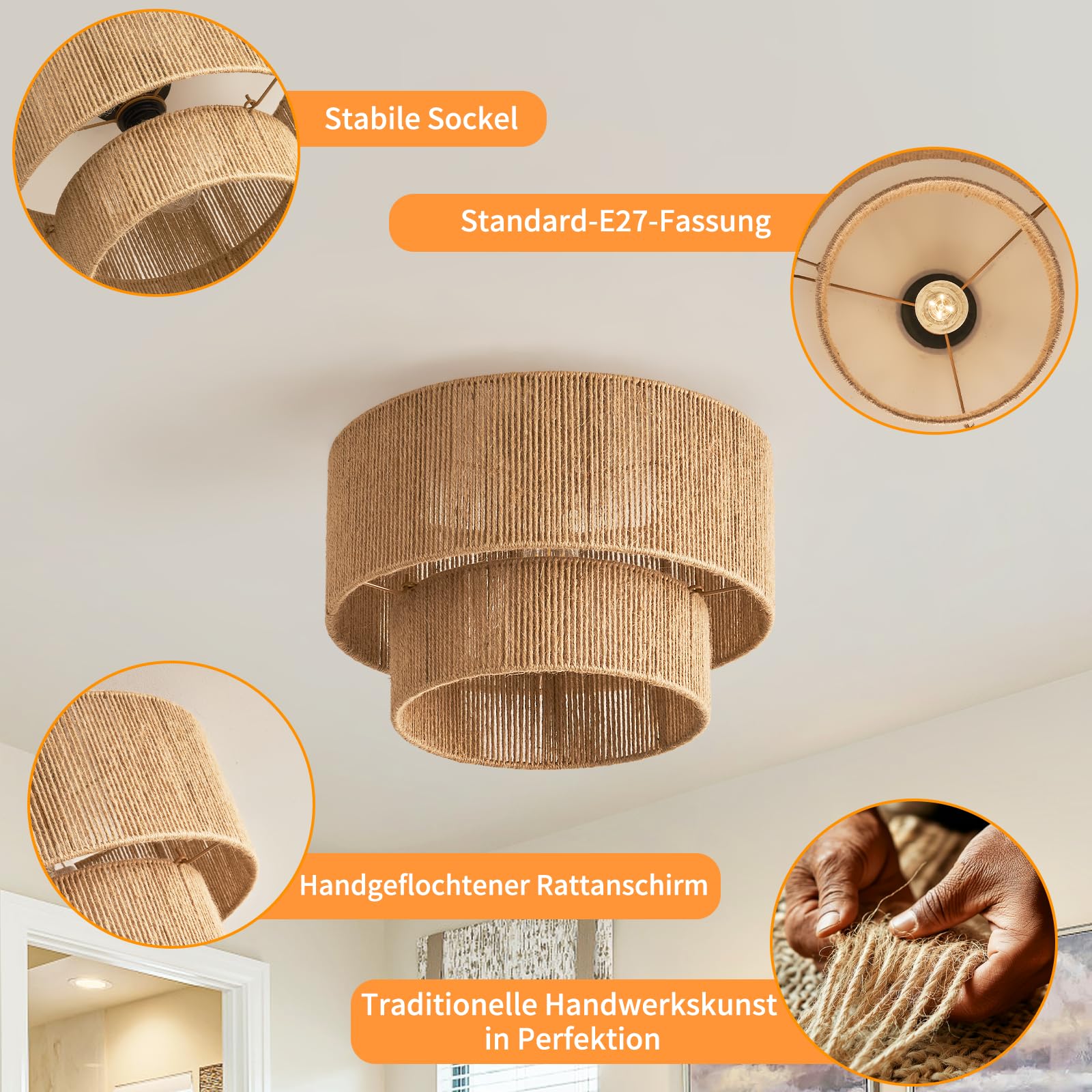 NUODIFAN Boho Deckenlampe aus Juteschnur 40 cm rustikale Jute-Leuchte für Schlafzimmer, Wohnzimmer, Küche, E27 Fassung