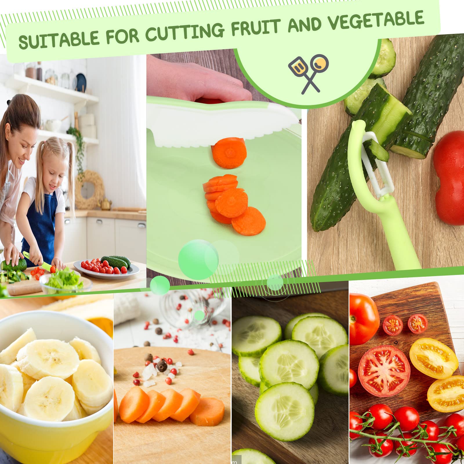 Goodchef Coltello da cucina per bambini 5 pezzi per tagliare e cuocere frutta o verdura per i più piccoli, incluso pelapatate Lama di sicurezza a partire dai 2 anni Set regalo per bambini