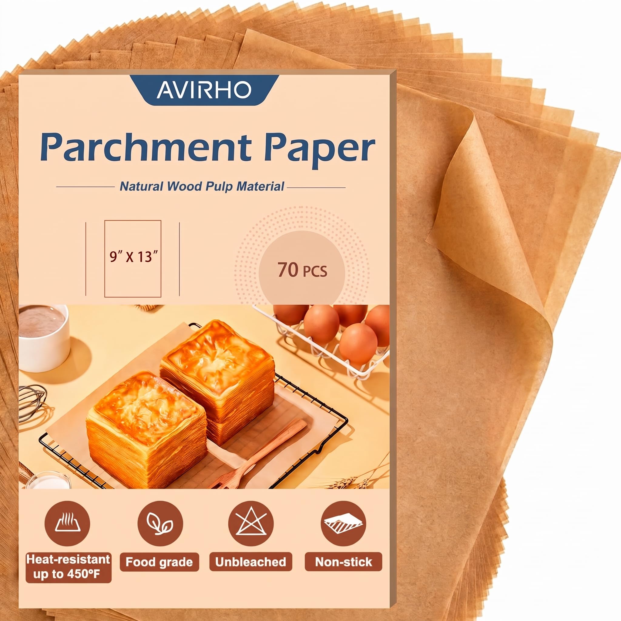Unbleached Parchment Paper Baking Sheets, 9x13IN Precut Non-Stick Quarter Sheet Liners for Baking, Grilling, Air Fryer, Steaming-70 Sheets Heavy Duty Parchment Sheets for Bread,Cake, Cookies